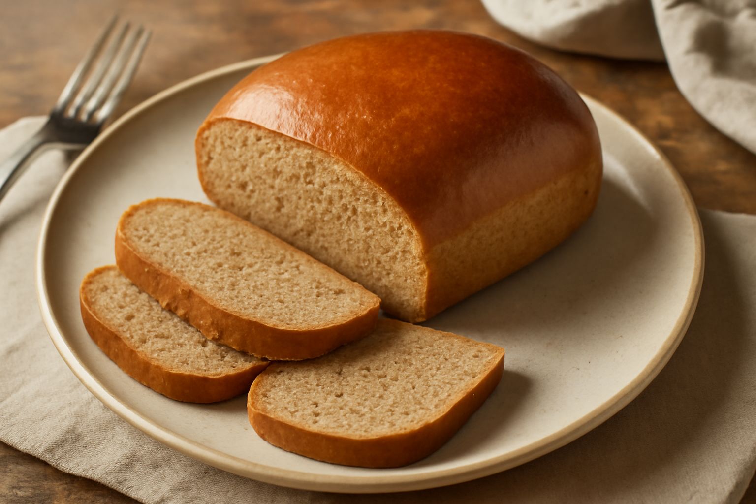 Pane all'orzo affettato, di colore marrone chiaro, miga morbida e compatta, fette disposte su un tavolo di legno, crosta sottile e uniforme