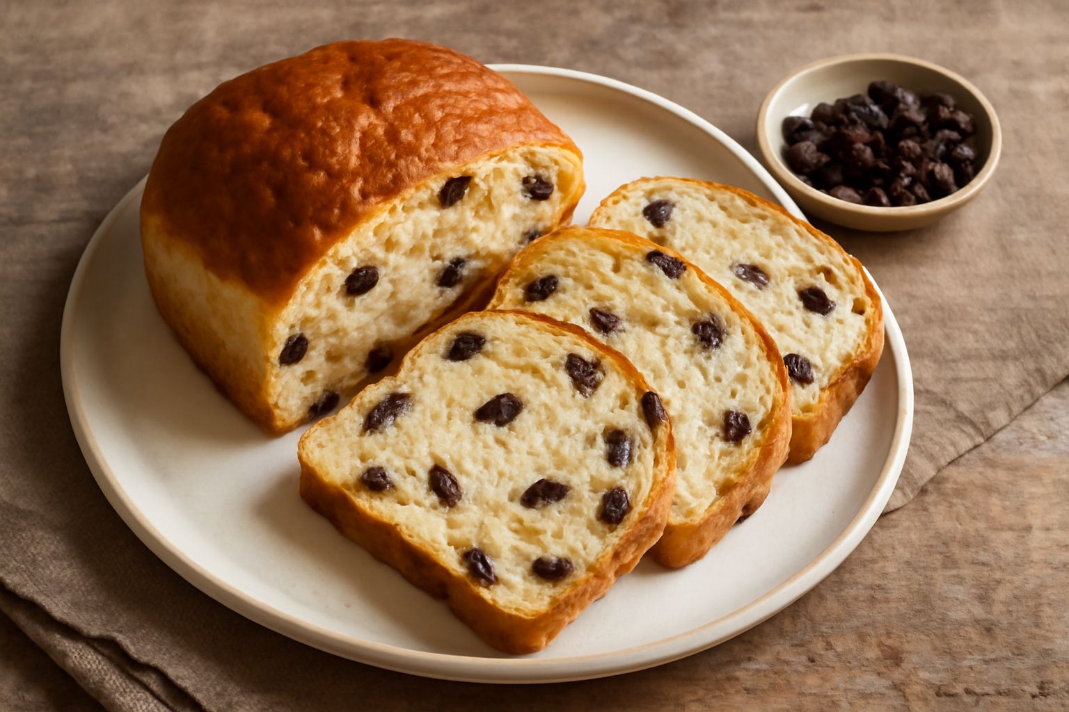 Fetta di pane all'uva tagliato a metà, con uvetta scura ben visibile all'interno, superficie dorata e leggermente irregolare, su un piatto di ceramica bianca con un coltello di legno accanto