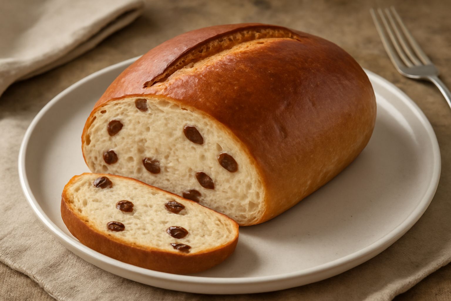 Un pane tondo di colore marrone dorato con uvetta visibile sulla superficie e nella miga, affettato per mostrare la consistenza soffice e gli acini d'uva sparsi internamente, servito su una tavola di 