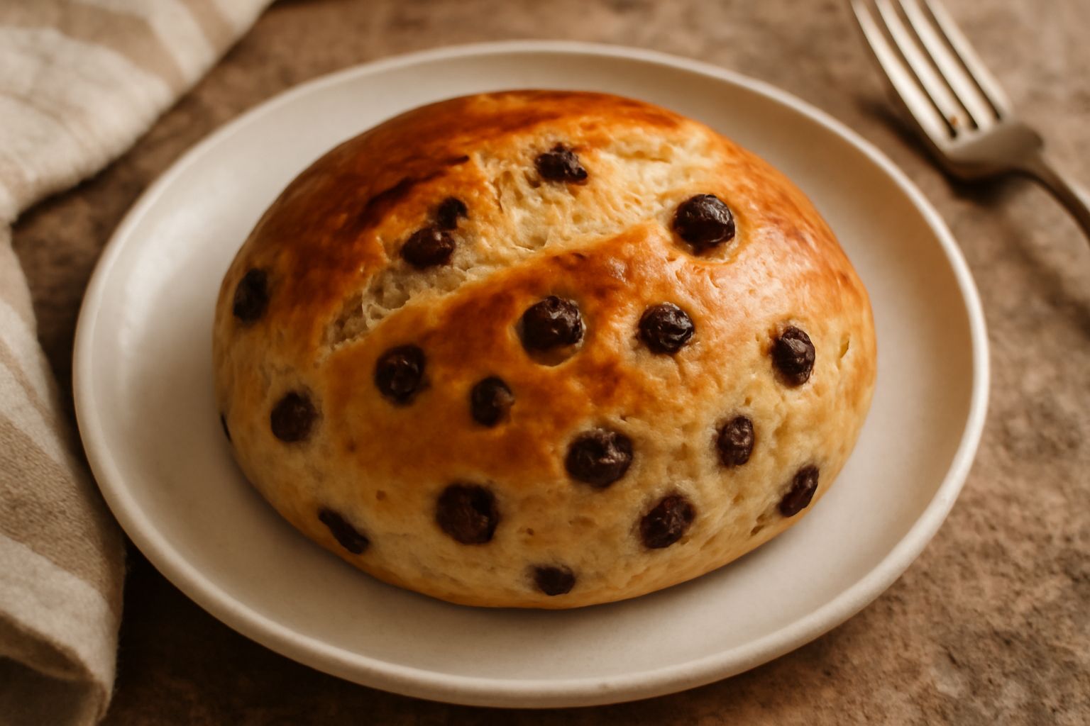 Pane all'uvetta a fette con crosta dorata e brillante, interno beige chiaro con chicchi d'uva passa distribuiti uniformemente, servito su una tavola di legno con un piatto bianco