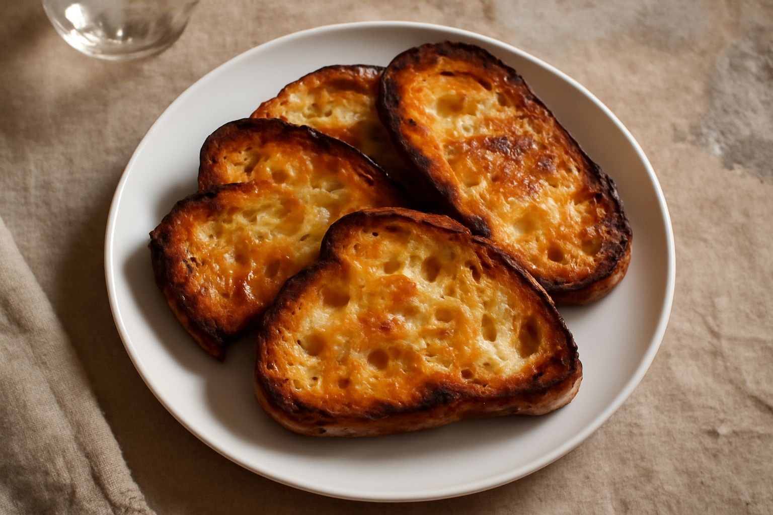 Fette di pane tostato dorate e croccanti impilate su un piatto bianco, con crosticina marrone dorato e interno giallastro ben visibile, contorno pulito