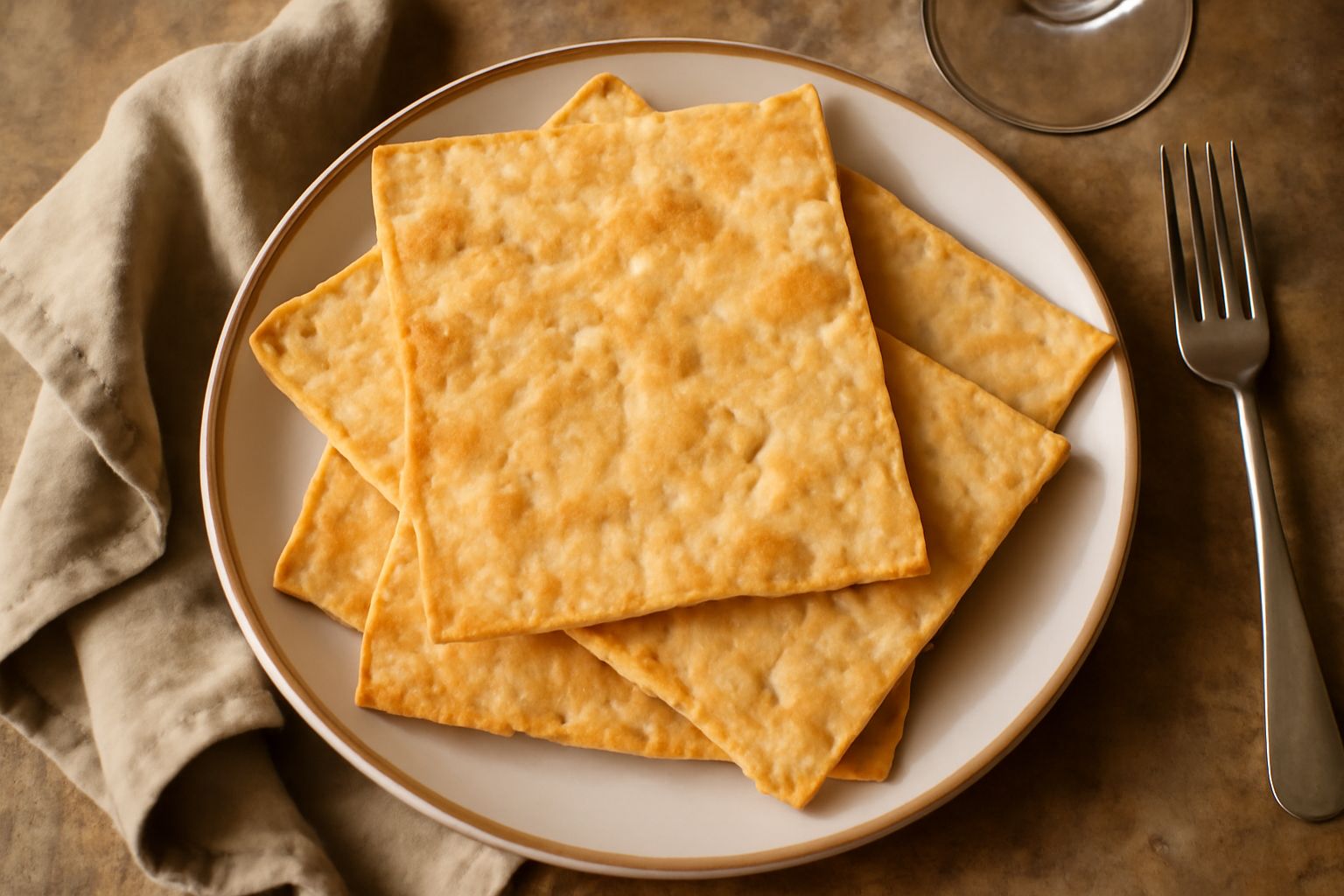 Pane azzimo veneto quadrato e dorato, con superficie leggermente increspata, appoggiato su un canovaccio bianco di lino. Visibili le crepe naturali della cottura.
