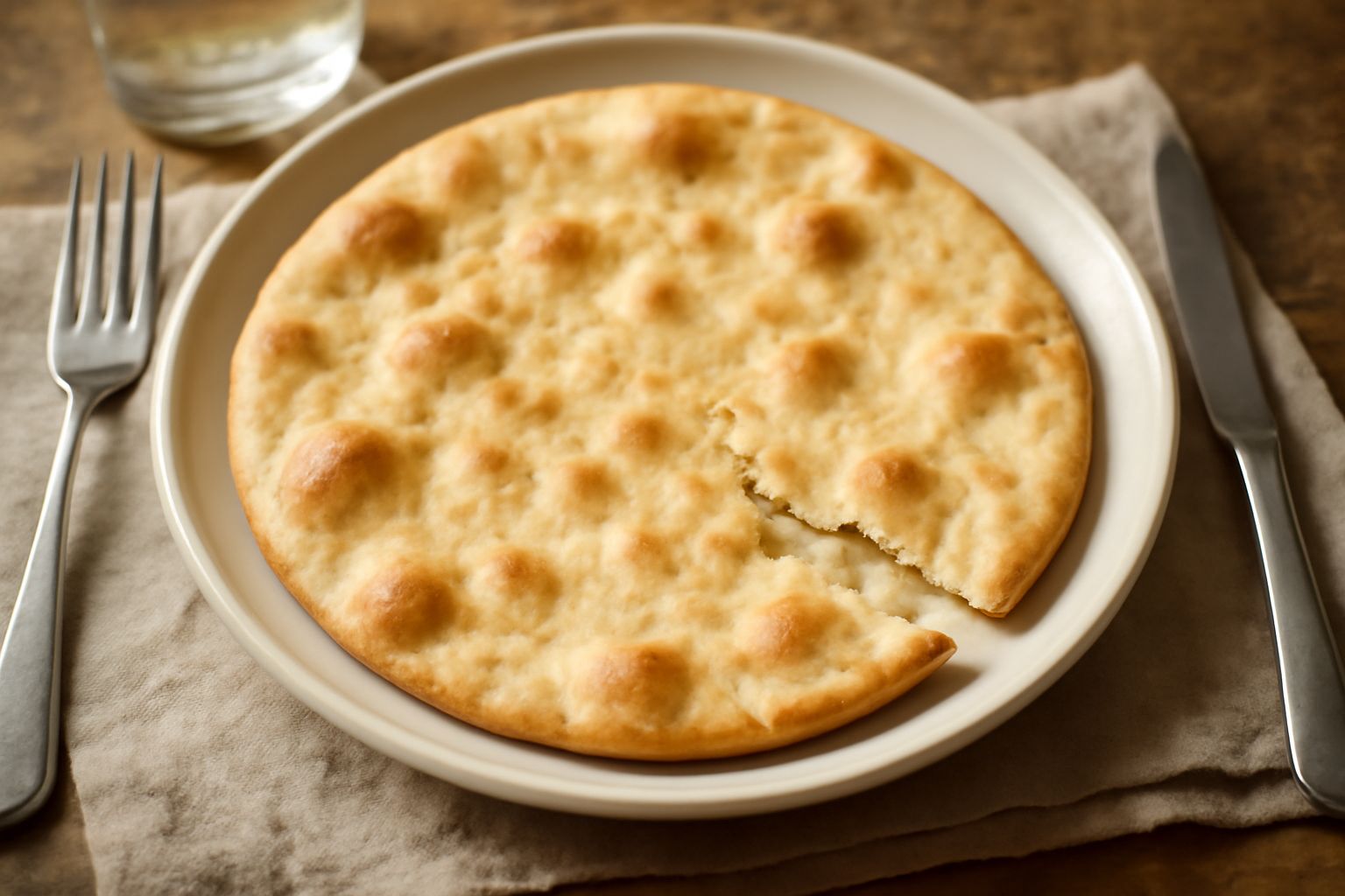 Pane azzìmu appena sfornato, dischi bianchi e sottili con superficie leggermente gonfia e dorata, impilati su una tavola di legno, accanto a un ciotola di farina bianca