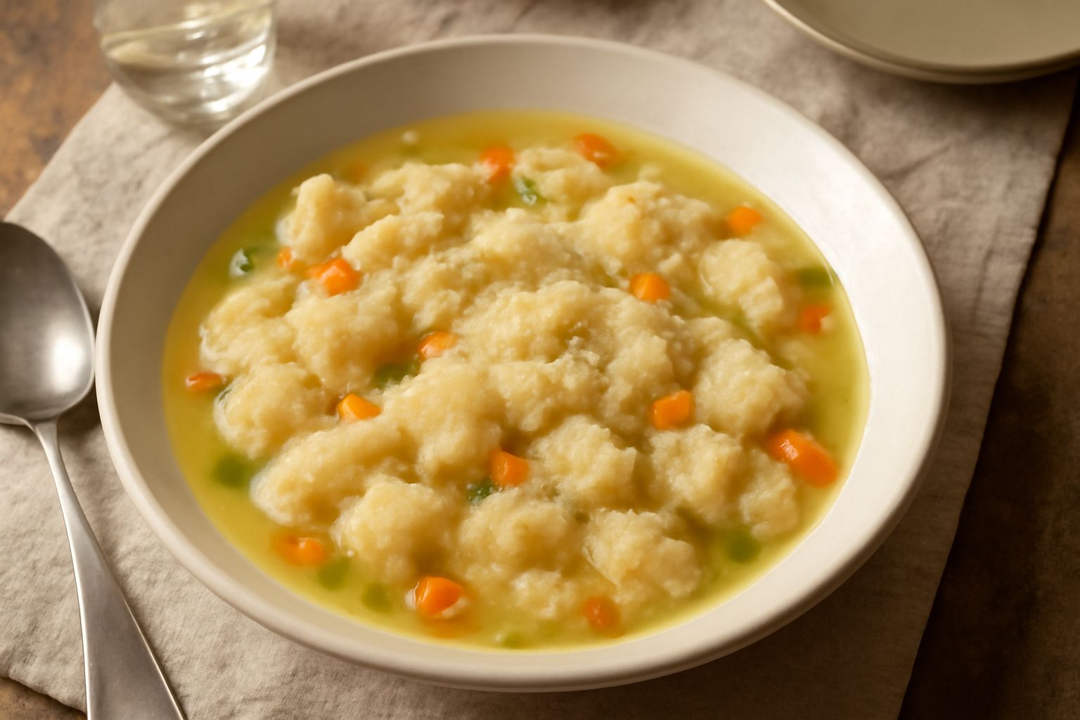 Una ciotola bianca con pane bagnato fumante, brodo trasparente, carote e sedano tagliati a dadini, una spolverata di parmigiano grattugiato. Cucchiaio di legno appoggiato sul bordo.