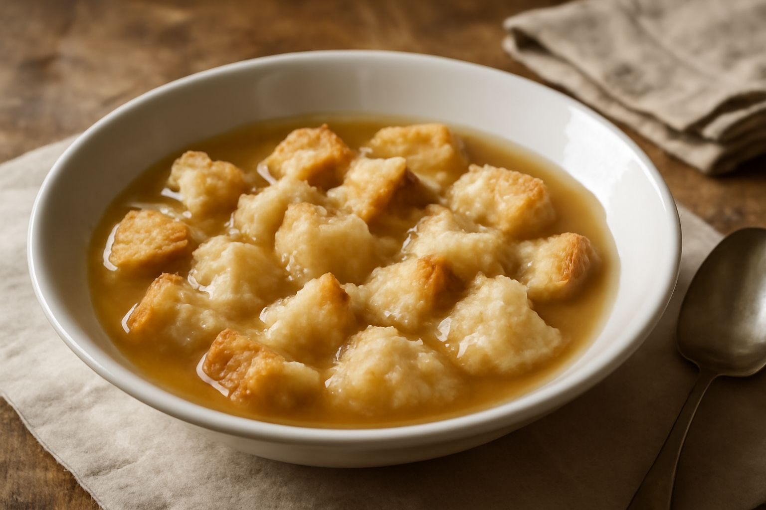 Una ciotola bianca con pane bagnato in brodo trasparente e fumante, con fette di pane morbide immerse, una spruzzata di formaggio grattugiato in cima, cucchiaio di legno a fianco sul tavolo di marmo