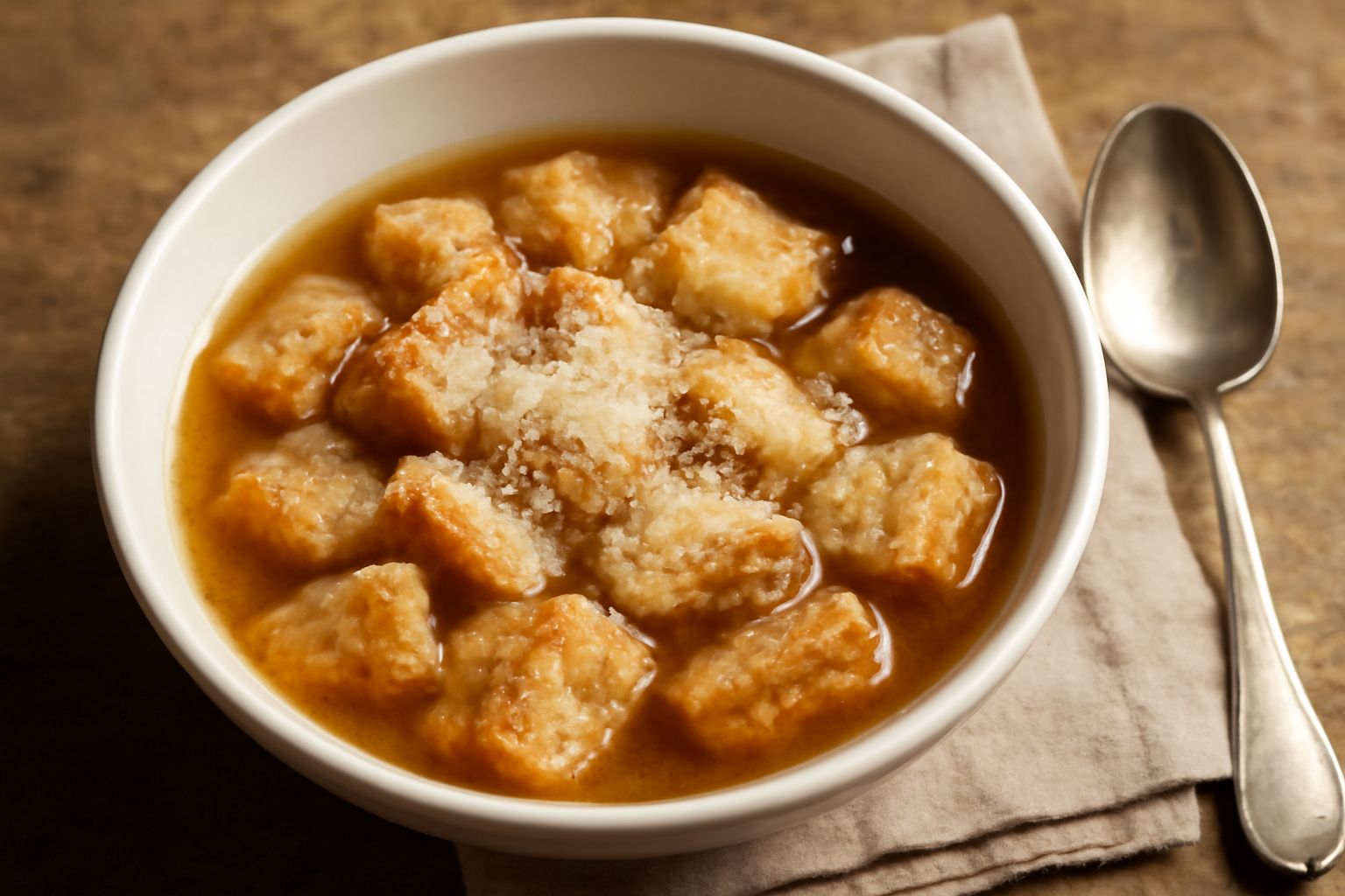 Una ciotola di ceramica beige con pane bagnato cremoso in brodo di carne, una cucchiaiata sollevata mostra la consistenza morbida, piccoli pezzi di pane visibili nel brodo ambrato, grattugia di parmig