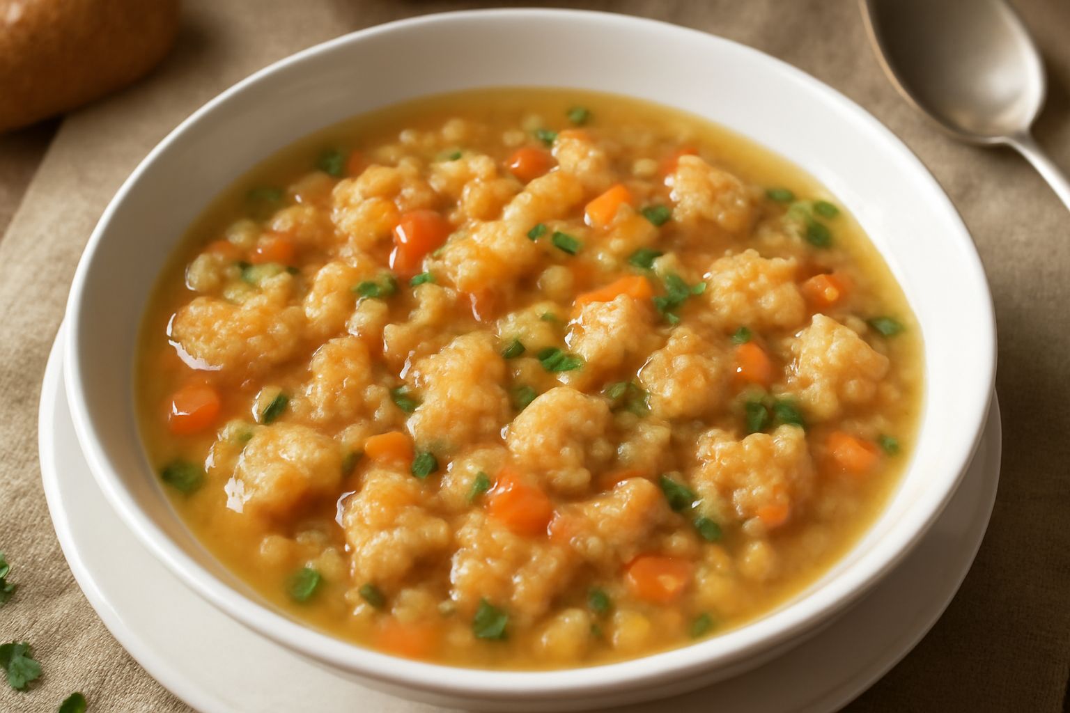 Una ciotola di ceramica bianca con pane bagnato in brodo di verdura trasparente, pezzi di pane ammollato visibili, carota, sedano e prezzemolo fresco come guarnizione, vapore leggero che sale dal piat