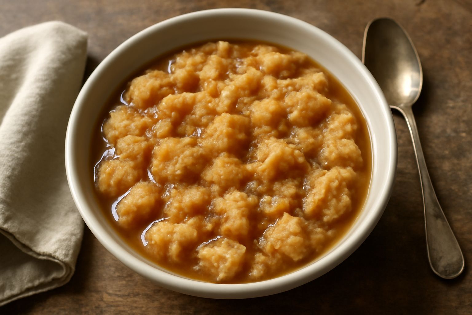 Ciotola di ceramica bianca con pane raffermo inzuppato in brodo di carne caldo, pezzi di pane ammorbiditi galleggianti, superficie dorata, cucchiaio accanto, vapore visibile