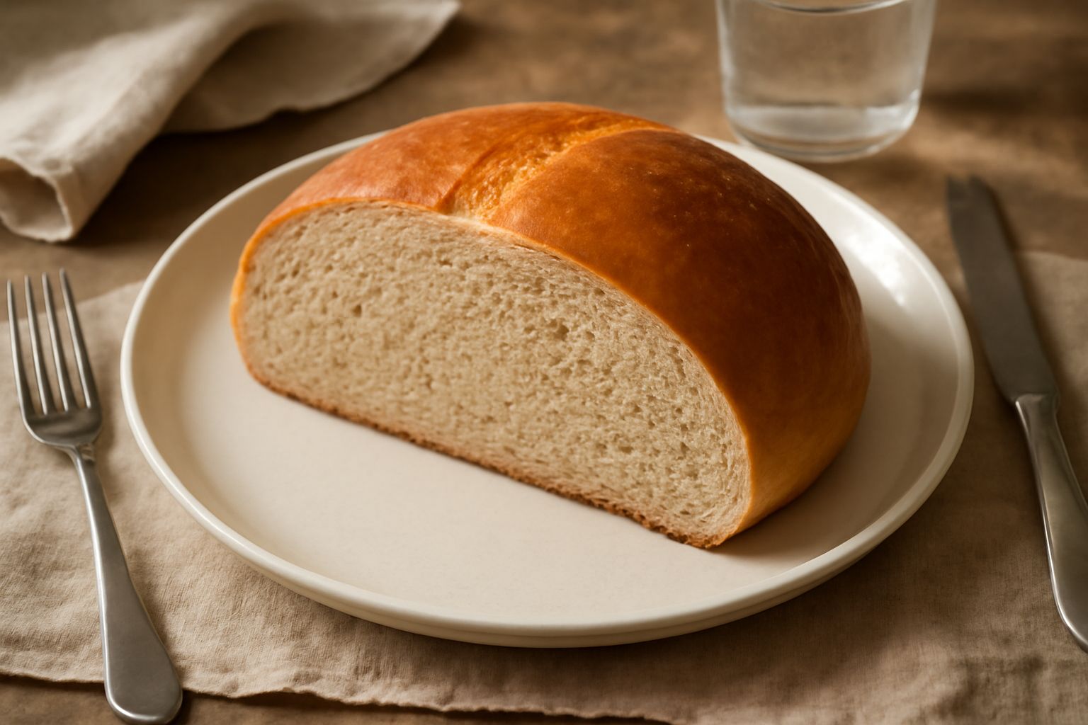 Pane basso dorato e fragrante, tagliato a metà su un tagliere di legno, con mollica compatta di colore beige e crosta leggermente dorata