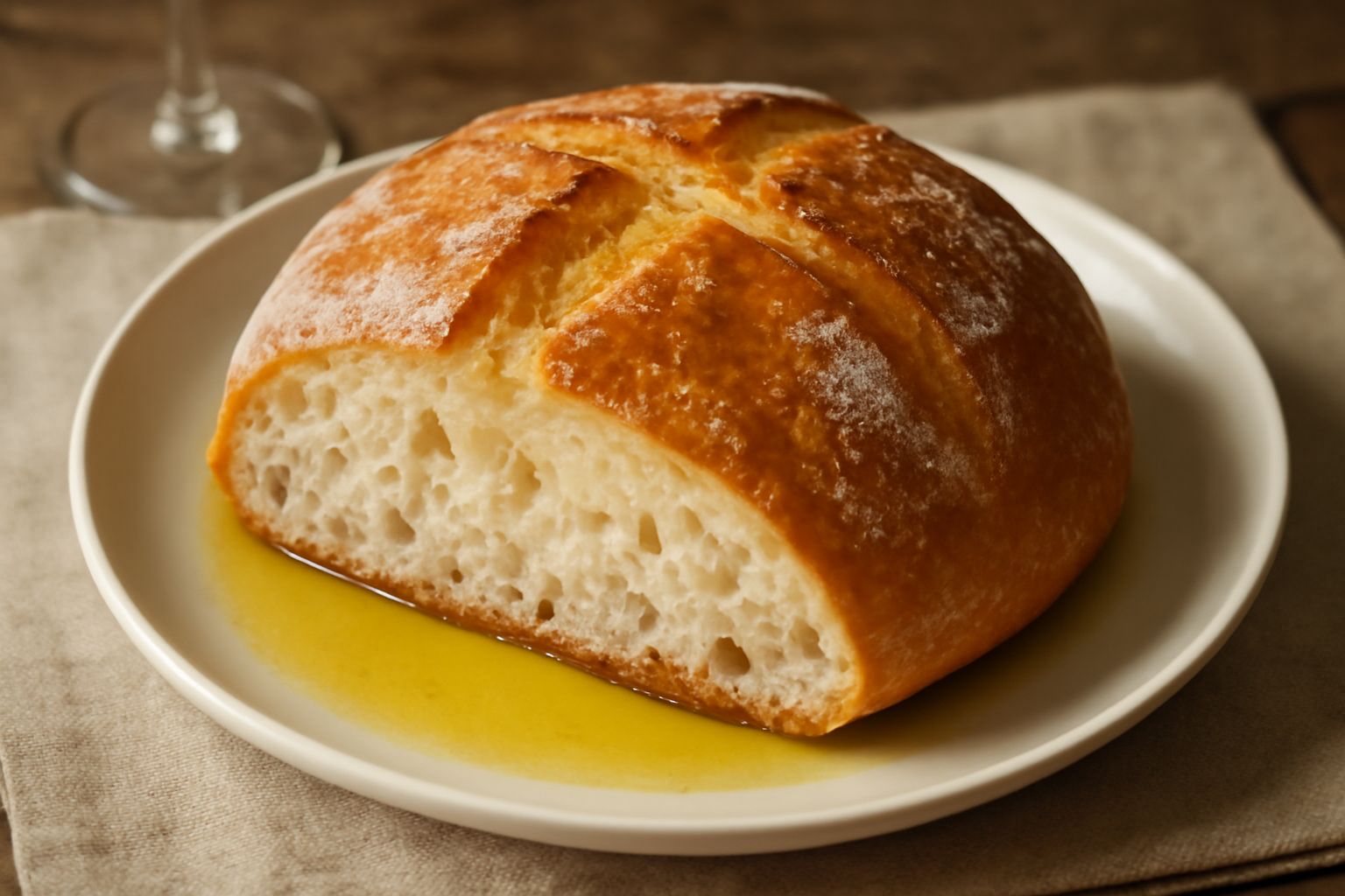 Pane benedetto appena sfornato, pagnotta di forma rotonda e leggermente schiacciata, crosta dorata e uniforme, farina residua sulla superficie, spezzato a metà per mostrare la mollica bianca e alveola