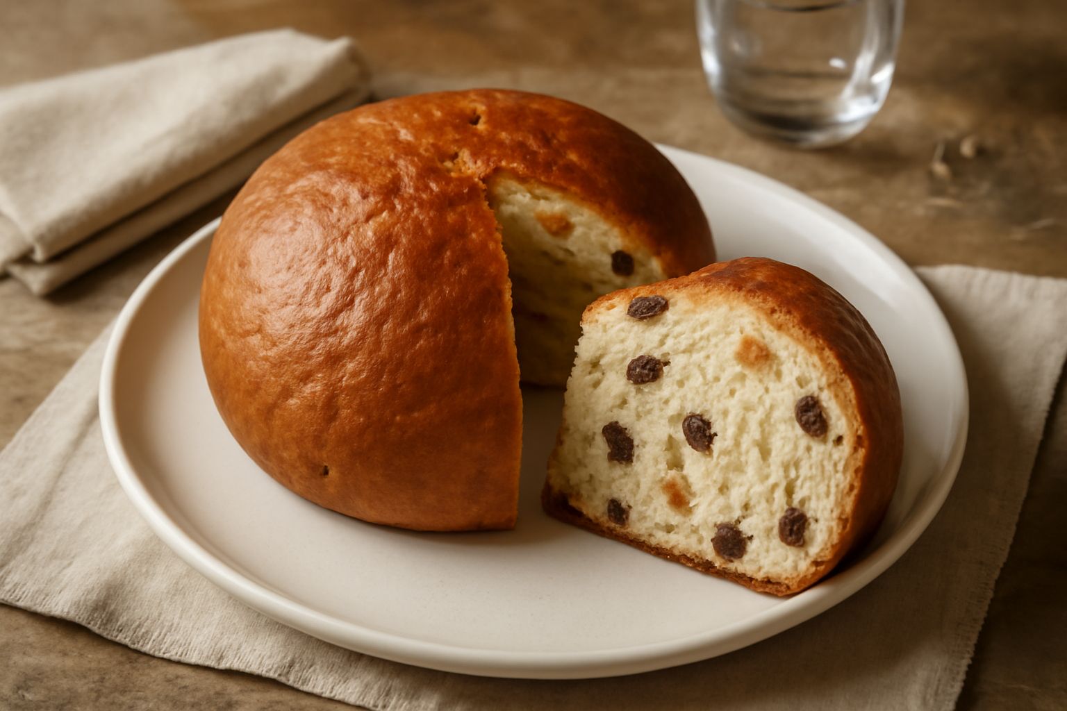Pane benedetto di Como dorato e fragrante su una tavola bianca, con uvetta visibile sulla crosta, fette aperte che mostrano la molla interna con frutta candita