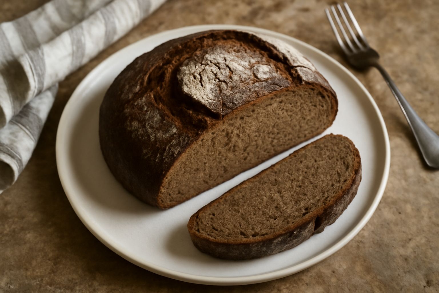 Pane bigio a fette su tagliere di legno naturale, colore marrone scuro uniforme, crosta croccante, miga densa e scura, con chicchi di segale visibili sulla superficie