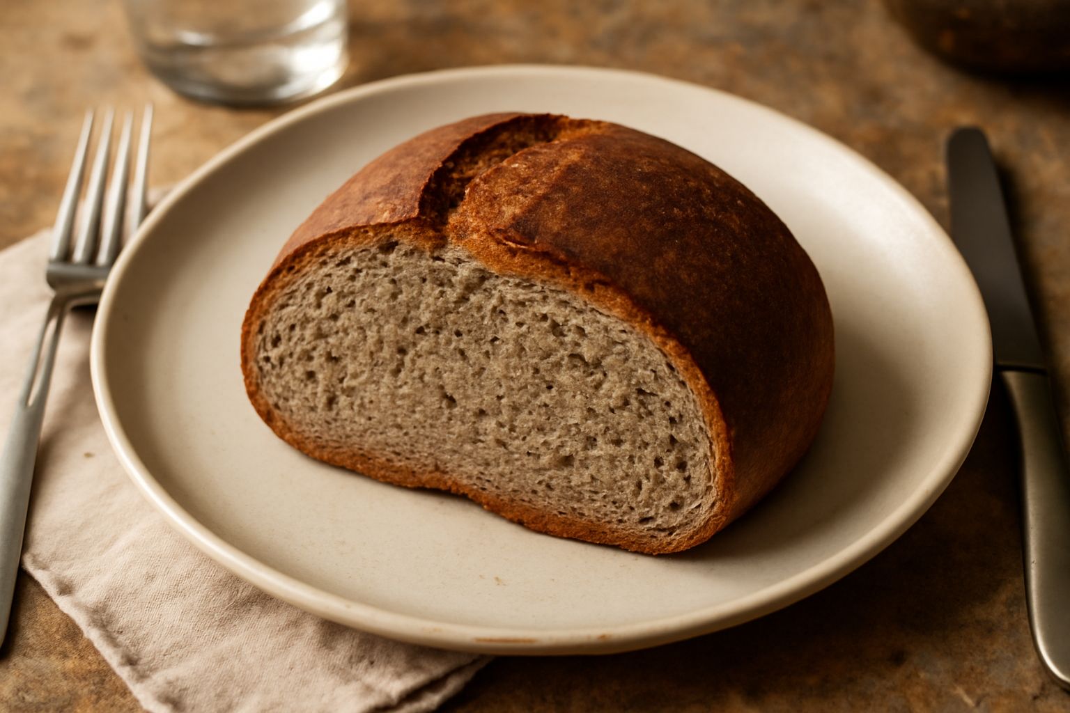 Pane bigio veneto intero e affettato, dalla crosta marrone scuro e mollica grigia compatta, su una tavola di legno con spighe di grano