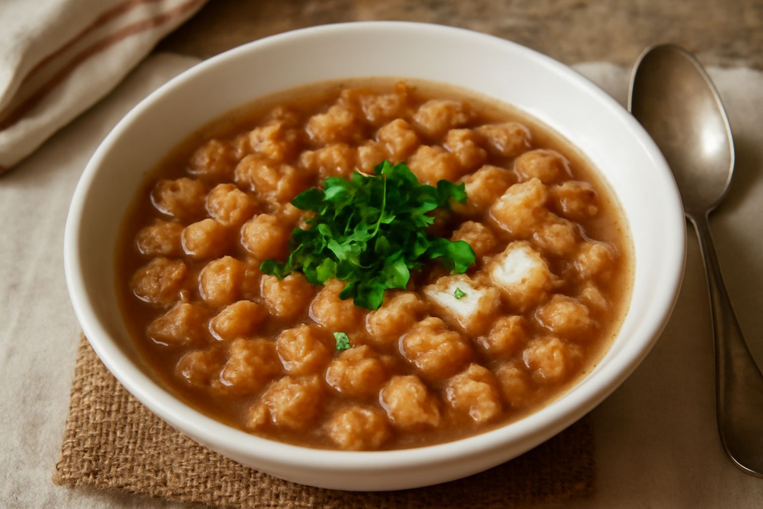 Una ciotola di porcellana bianca con pane tostato dorato immerso in brodo trasparente leggermente dorato, con piccoli pezzi di carota e sedano visibili, grattugiatura di formaggio bianca in superficie