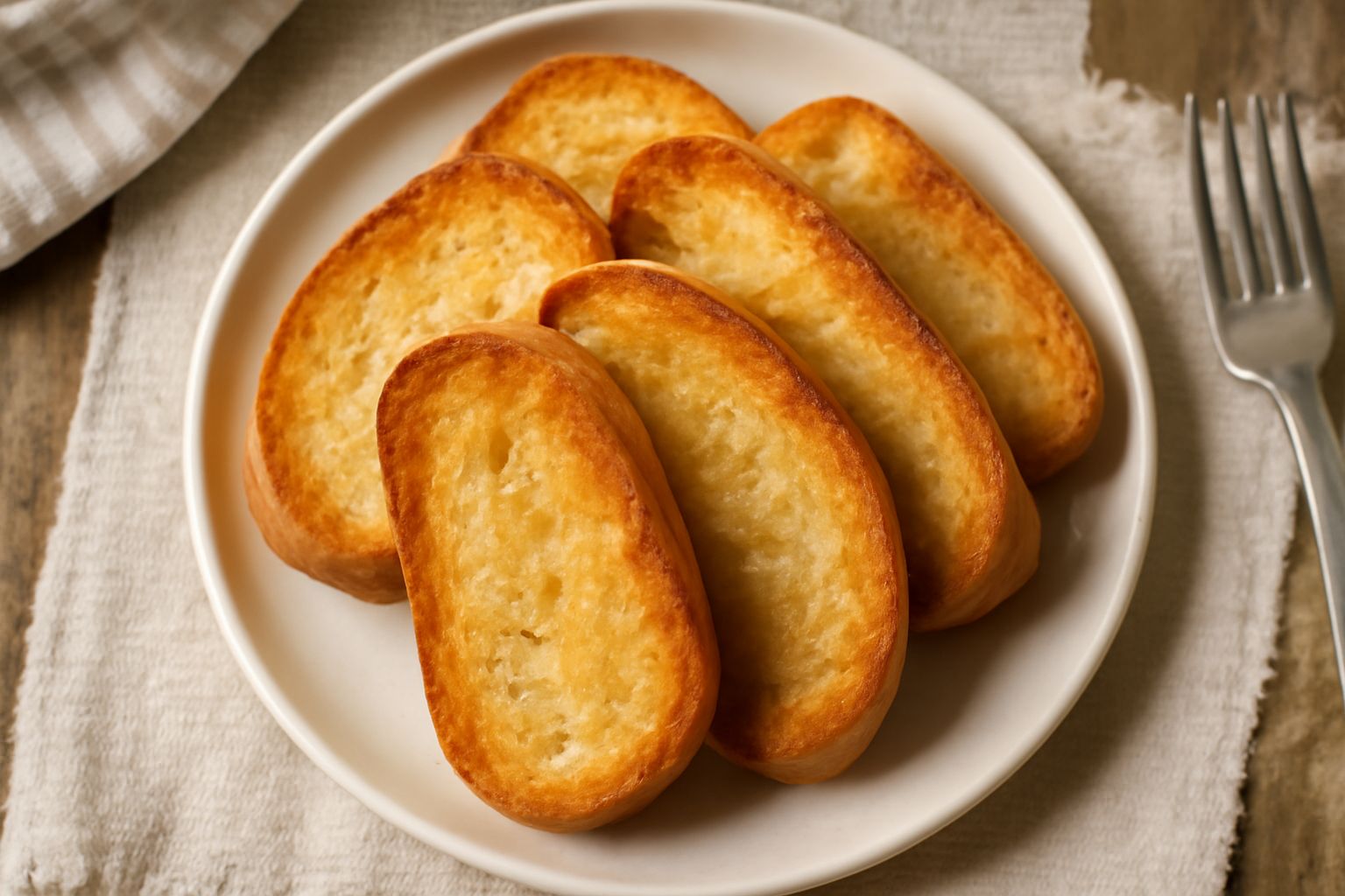 Fette di pane tostato dorate e croccanti su un piatto bianco, cosparse di gocce d'olio dorato e frammenti di aglio tostato, con una leggera patina lucida