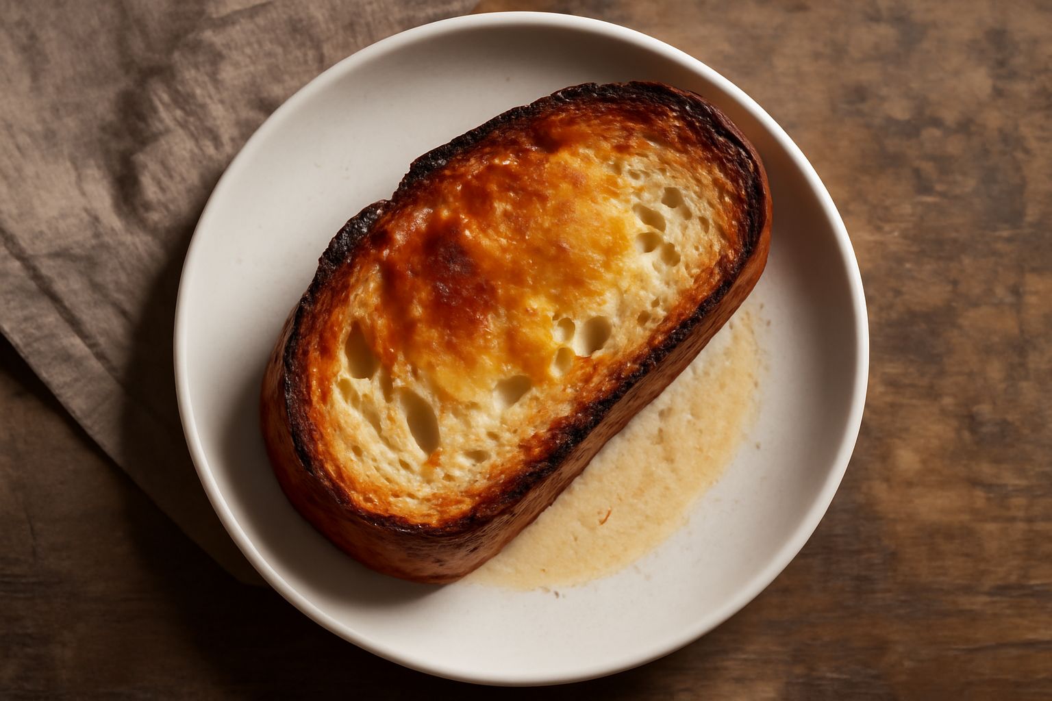 Pane brusco tagliato a metà su un tagliere di legno, crosta dorata e croccante, interno bianco con alveoli irregolari, pane intero sullo sfondo su una superficie di marmo
