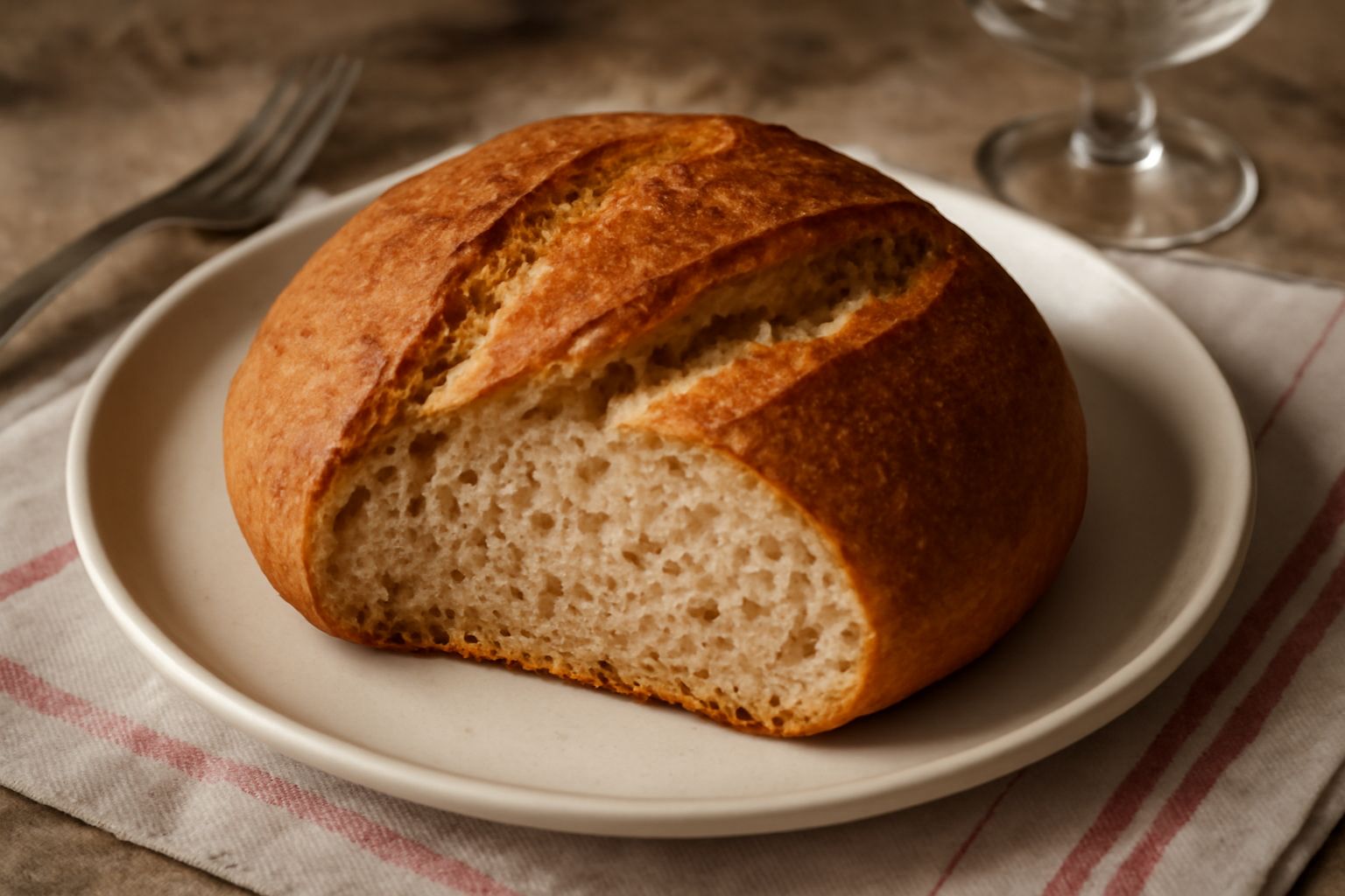 Pane burattato a fette su un tagliere di legno, crosta dorata e morbida, interno beige con venature di crusca visibile, accanto a una manciata di chicchi di grano e un coltello da pane.