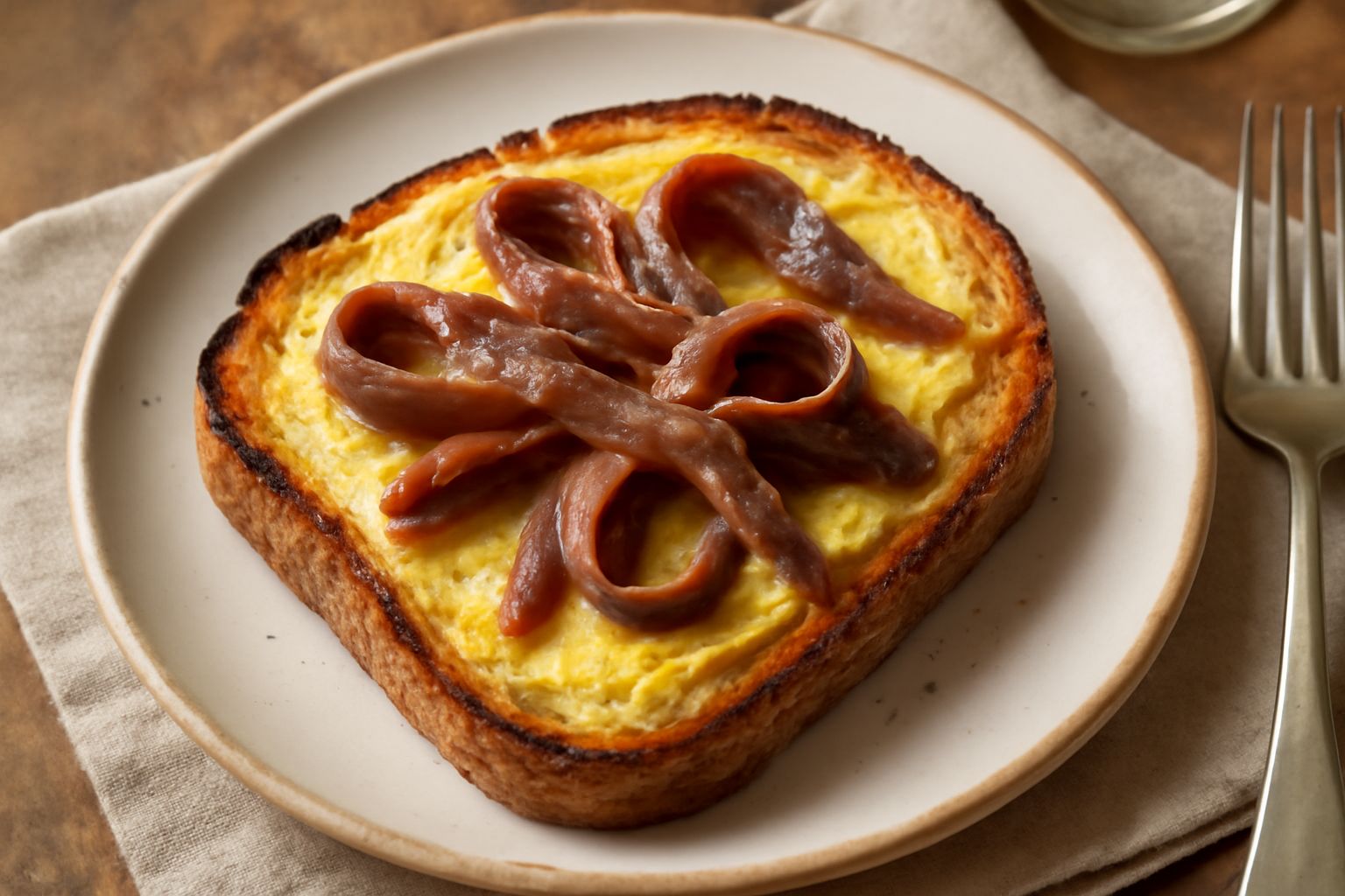 Fetta di pane tostato spalmato di burro giallo e ricoperto di acciughe salate disposte a ventaglio, su un piatto bianco con sfondo grigio