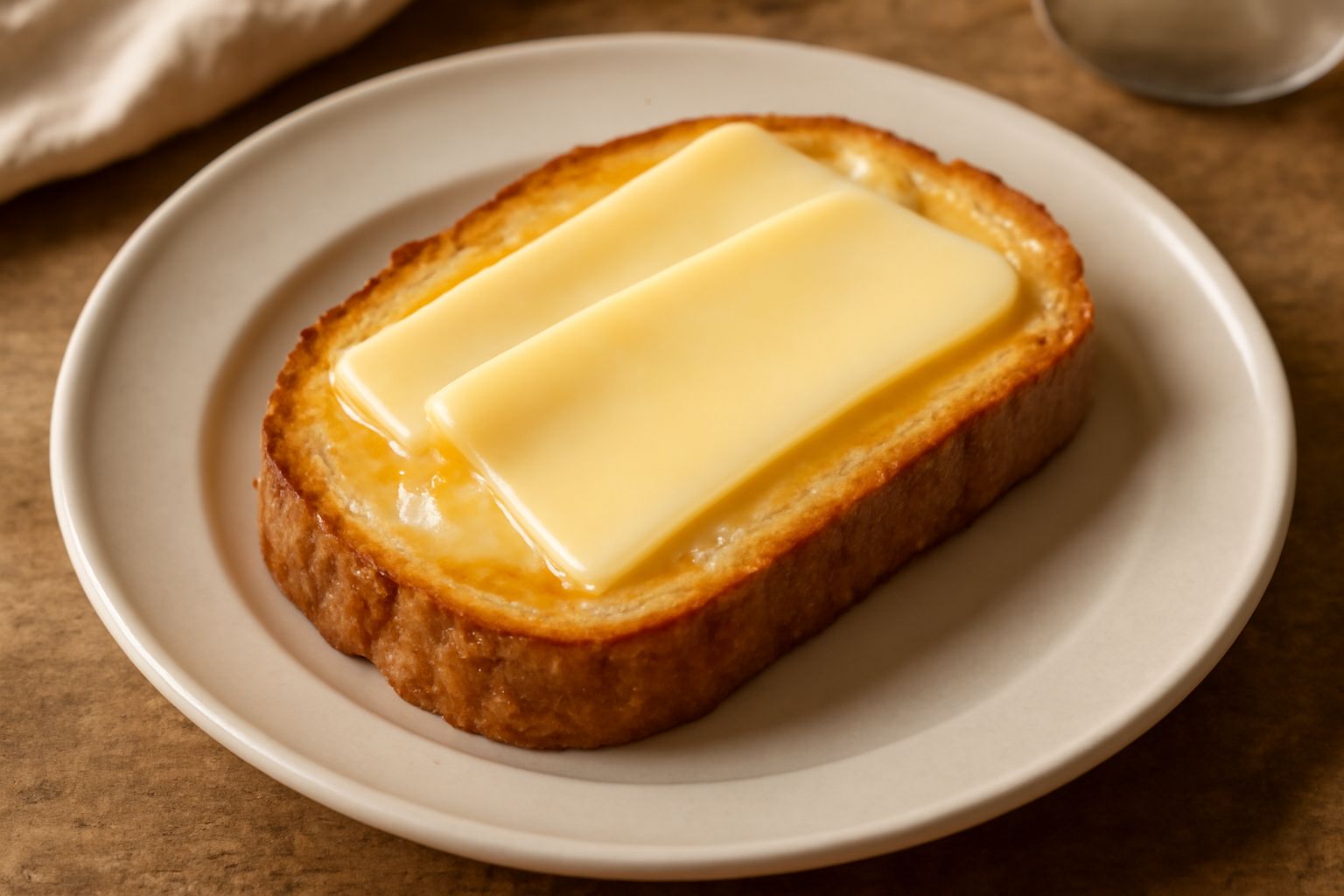 Fetta di pane tostato con burro morbido e fette di formaggio giallo pallido, impiattate su un piatto bianco, con alcune briciole di pane accanto