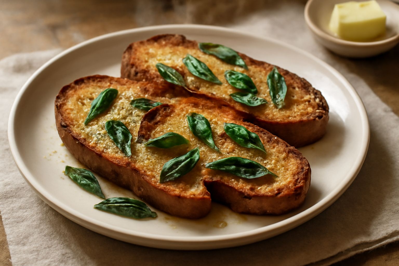 Fette di pane tostate con burro dorato, garnite con foglie di salvia croccante verde scuro, servite su un piatto bianco con una leggera nube di vapore