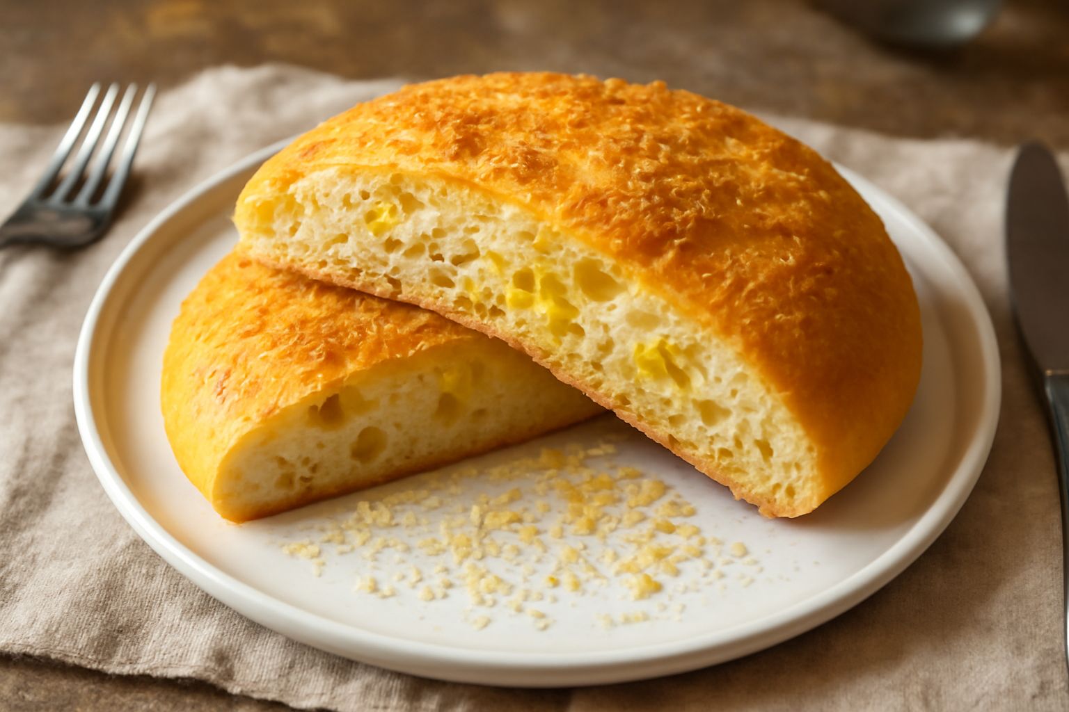 Pane ca' casu appena sfornato, dorato in superficie, tagliato a metà per mostrare l'interno bianco e morbido con le macchie gialle del formaggio fuso, su una tavola di legno con uno strofinaccio di li