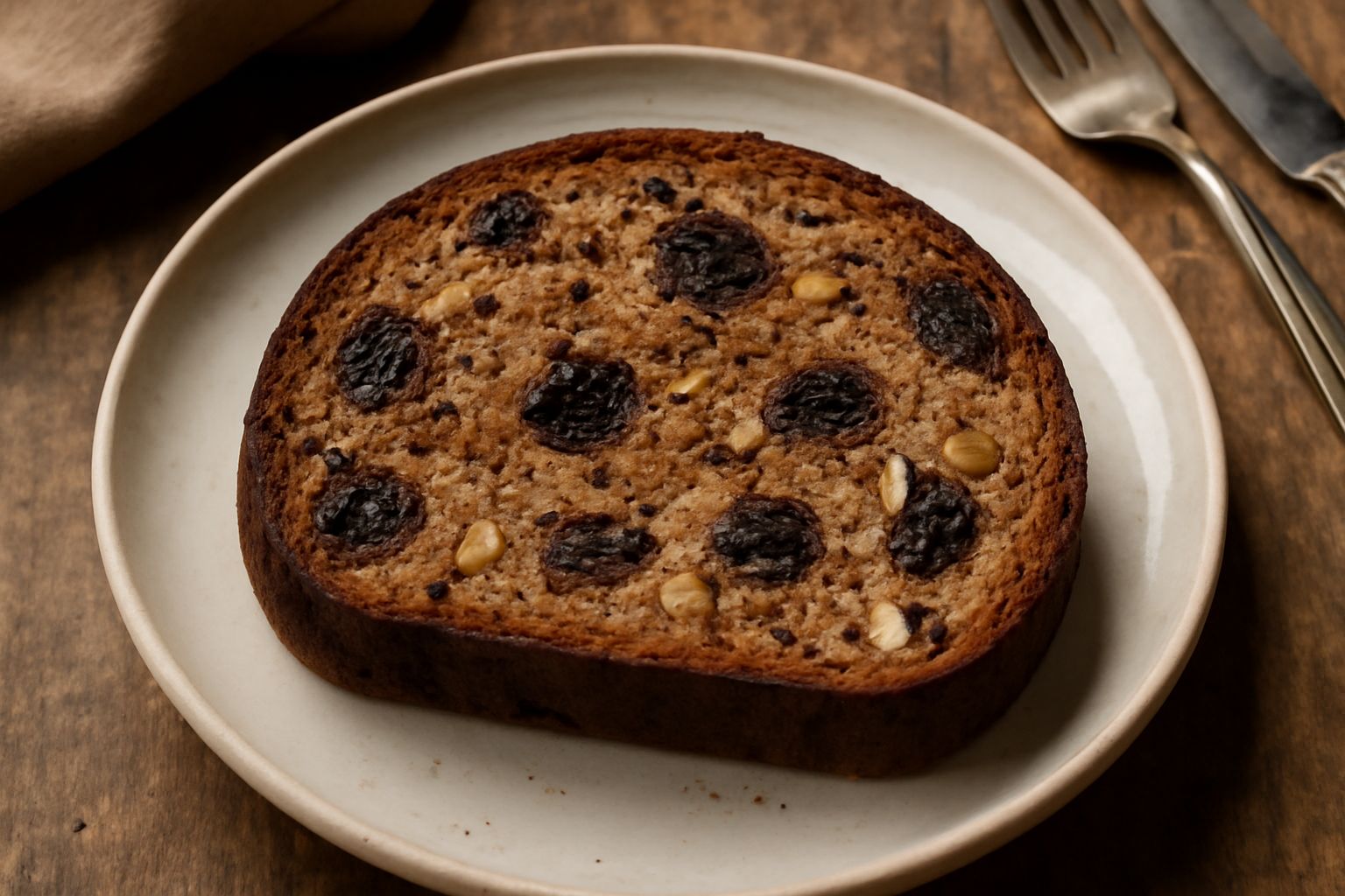 Pane integrale a fette su un ceppo di legno, con visibili i fichi secchi scuri, le noci rotte e semi di finocchio sulla crosta dorata, accanto a un coltello da pane e fichi interi