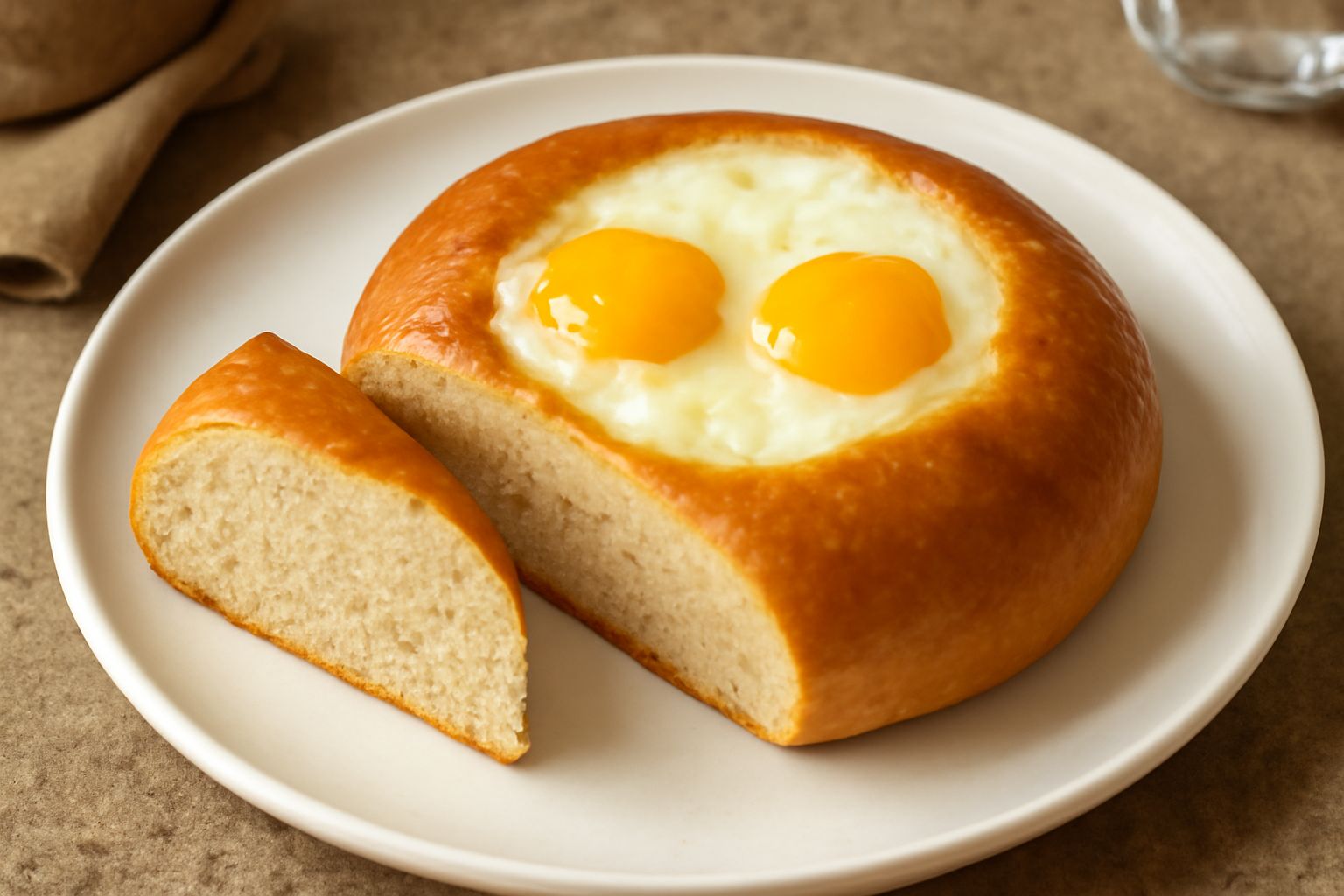 Pane ca' ll'ova a fette, di colore dorato uniforme, con una superficie leggermente brillante, servito su un piatto bianco con una tazza di caffè fumante