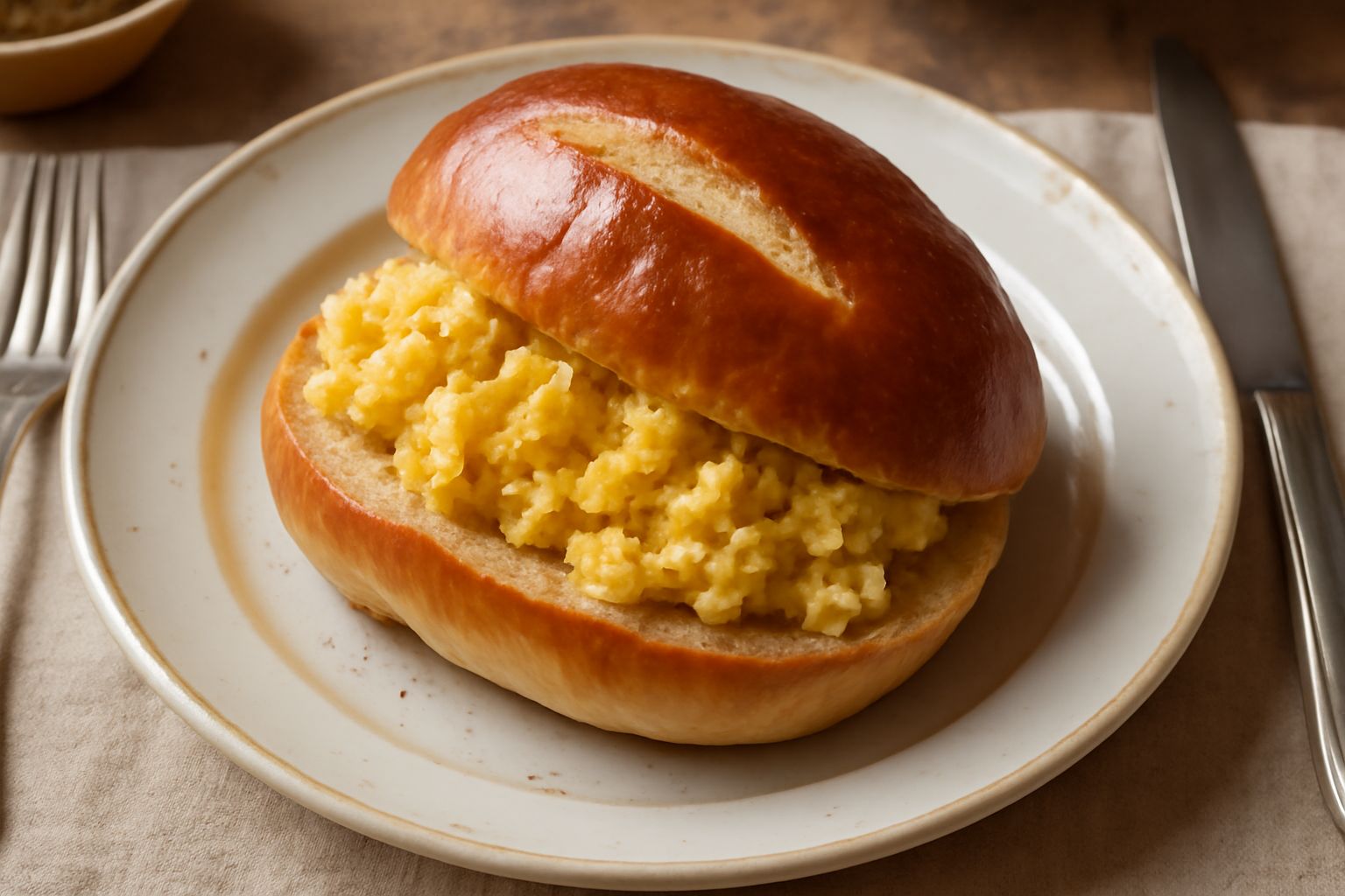 Pane ca' l'ova tagliato a fette su tavolo di legno, con crosta dorata, mollica giallo chiaro e morbida, accanto a un uovo intero e spighe di grano
