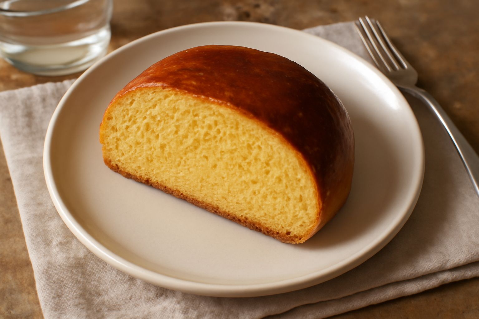 Pane dorato con crosta croccante, tagliato in due fette che mostrano l'interno morbido e poroso di colore giallo paglierino, con una lucidatura brillante sulla superficie superiore