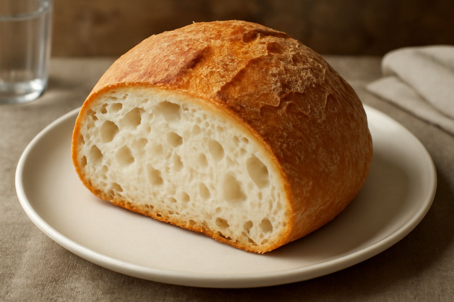 Pane ca' meiga appena sfornato con crosta dorata e irregolare, tagliato a metà mostrando una mollica bianca e alveolata, poggiato su una tavola di legno con farina sparsa intorno