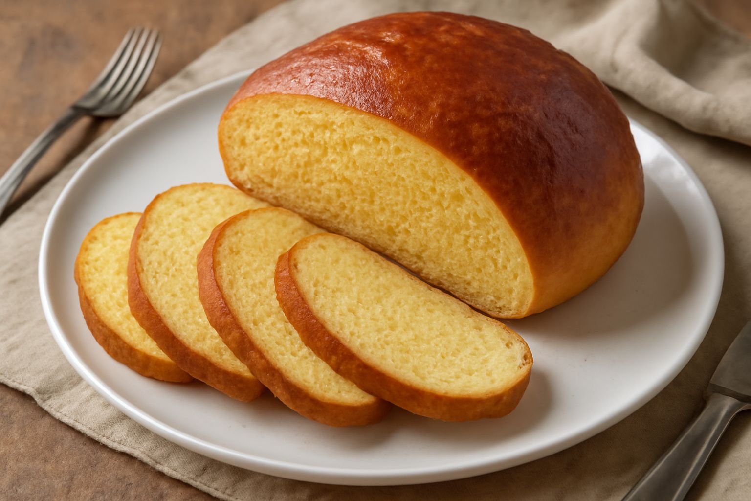 Pane ca' meliga appena sfornato, forma ovale o tonda, crosta dorata e uniforme, affettato per mostrare l'interno giallo chiaro e soffice, poggiato su tavola di legno con due fette staccate