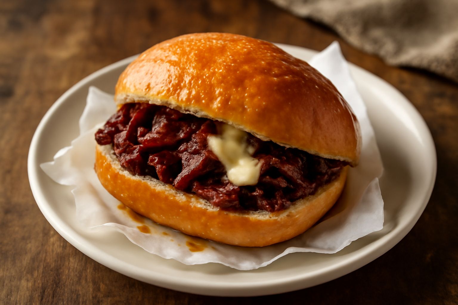 Panino fritto color dorato con dentro milza rossa e formaggio filante che esce dal taglio, servito in carta bianca su un piatto
