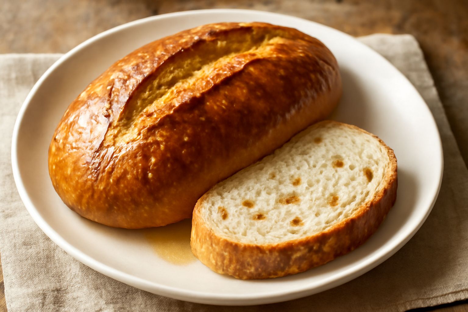 Pane ca' miele di forma ovale, crosta dorata e screpolata, fetta tagliata che mostra l'interno morbido con visibili frammenti di mandorle, su un canovaccio di lino bianco