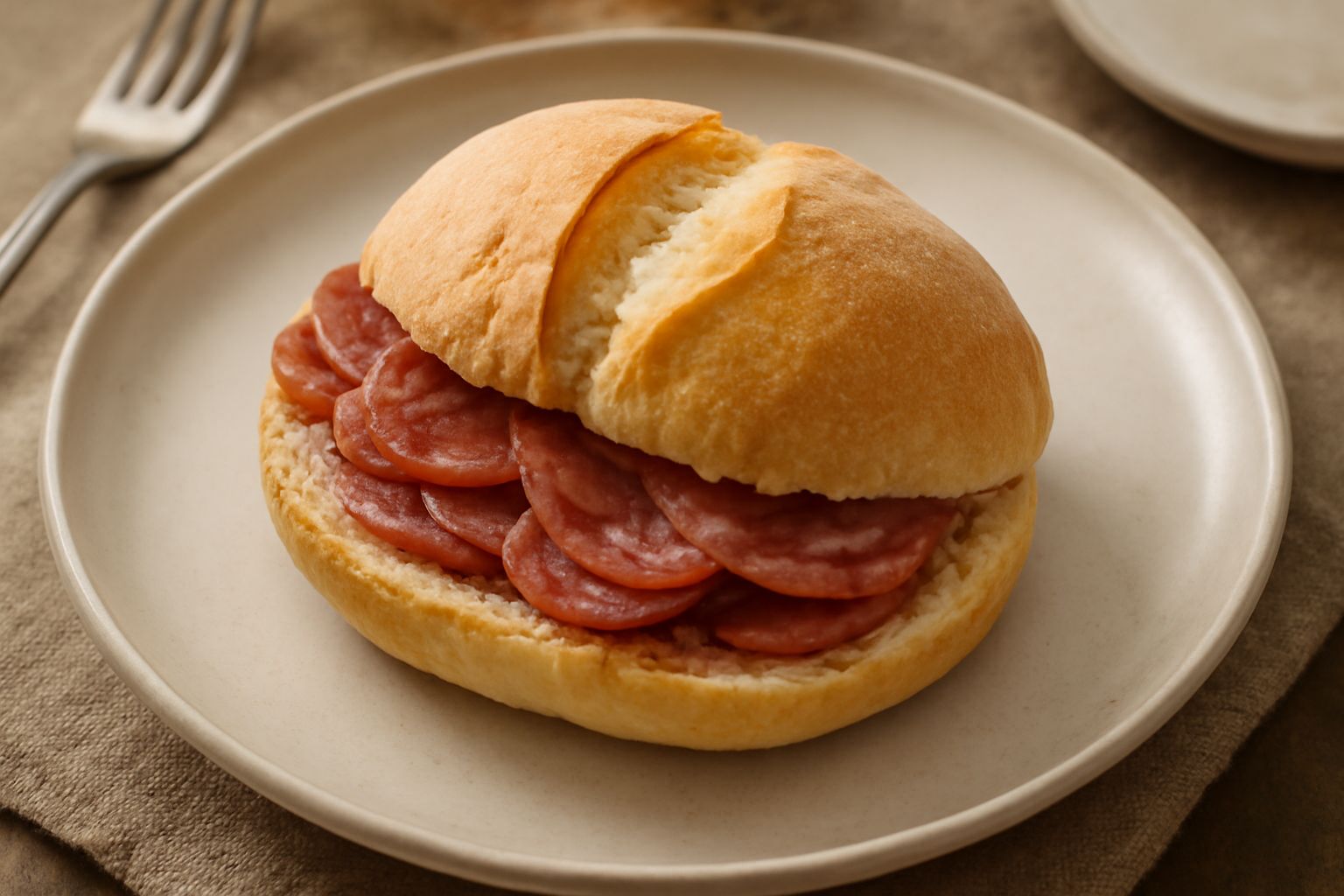 Pane ca' nciolla appena sfornato, colore dorato, tagliato a metà per mostrare la mollica bianca e soffice, posato su un canovaccio a quadri in lino