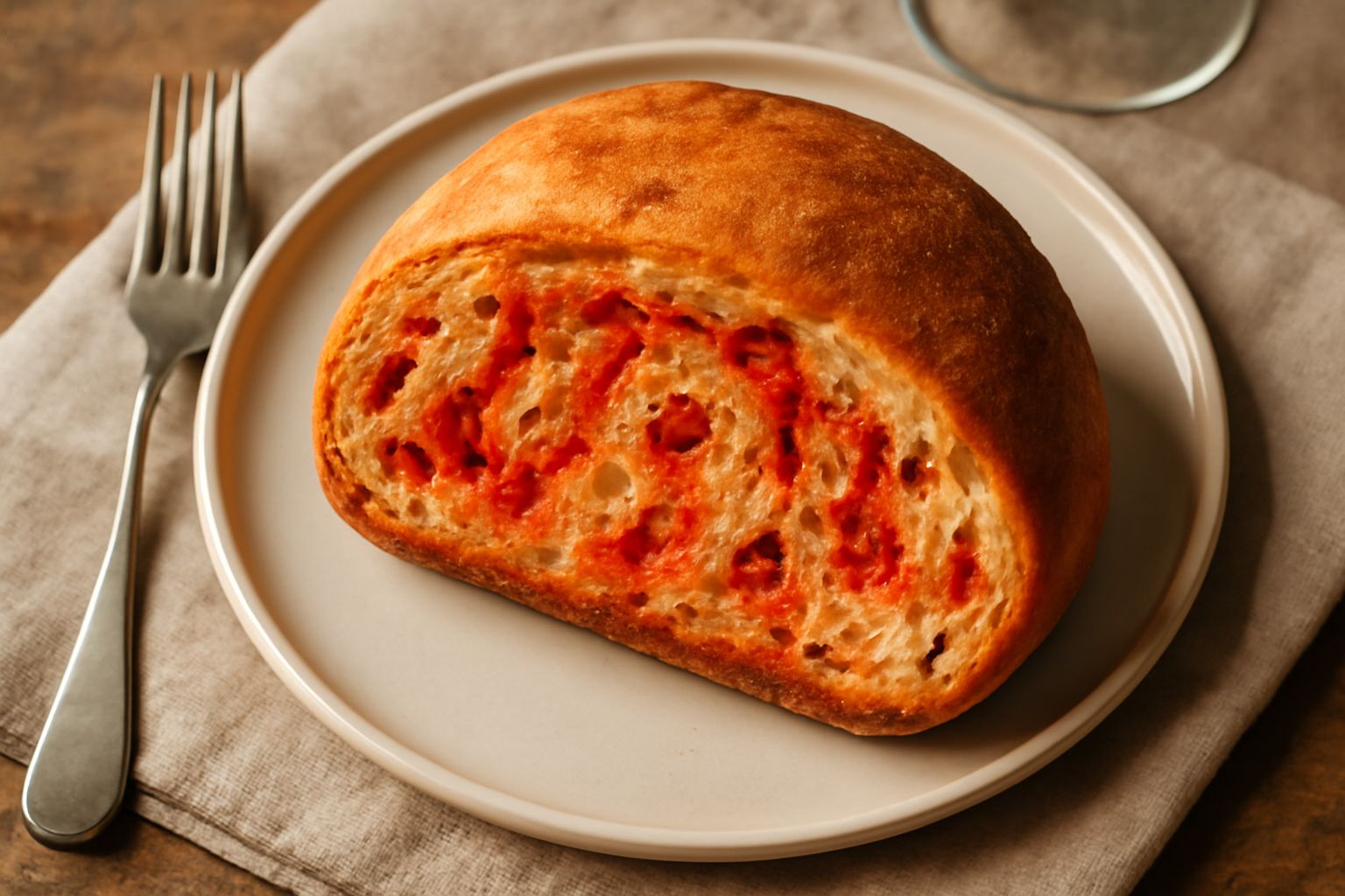 Pane tondo dorato con superficie leggermente croccante, tagliato a metà per mostrare l'interno soffice con striature rosa della 'nduja, su un tagliere di legno scuro con qualche briciola