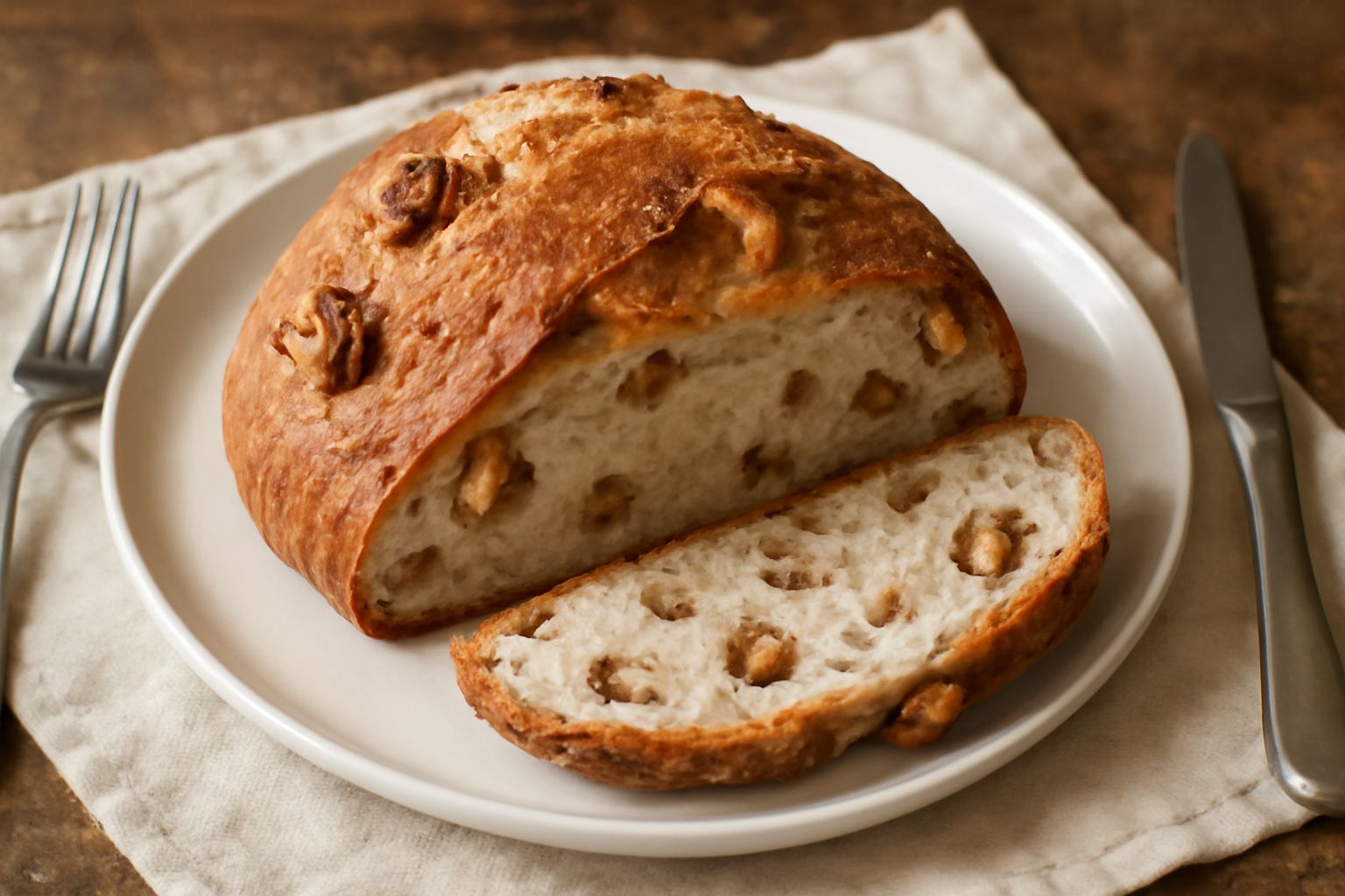 Pane ca' noci a fette su un vassoio di legno, con noci intere visibili nella mollica dorata, crosta marrone dorato, profilo irregolare, vapore appena visibile