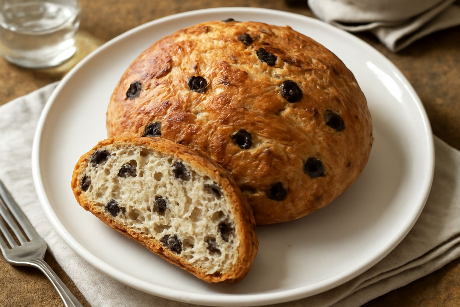 Una pagnotta di pane rotonda, dorata e croccante in superficie, con olive nere visibili sulla crosta e nel taglio orizzontale. Impasto morbido color nocciola, seduta su un tavolo di legno rustico con 