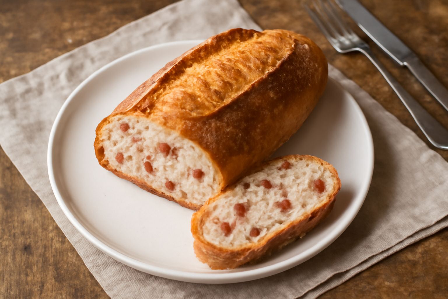 Pane ca' pancetta appena sfornato, dorato e croccante, tagliato a fette, con pancetta visibile nell'impasto, su un tavolo di legno con farina sparsa