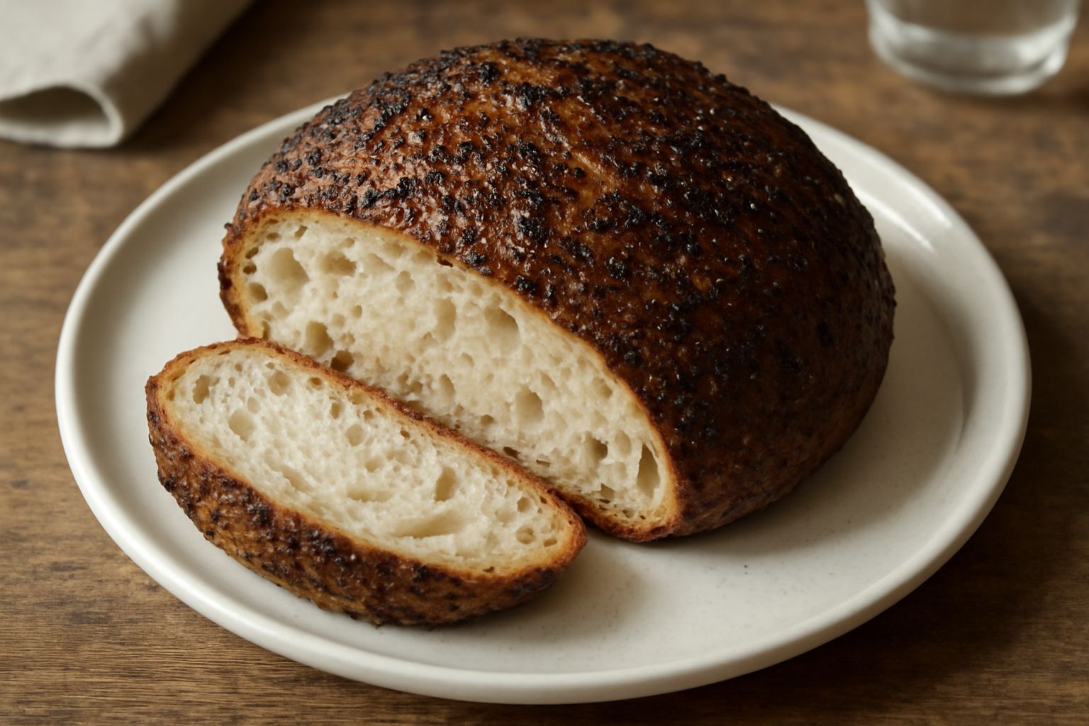 Pane ca' pepe dalla forma tonda, crosta marrone dorata e croccante con grani di pepe nero visibili in superficie, tagliato a metà mostrando l'interno bianco e soffice, su una tavola di legno