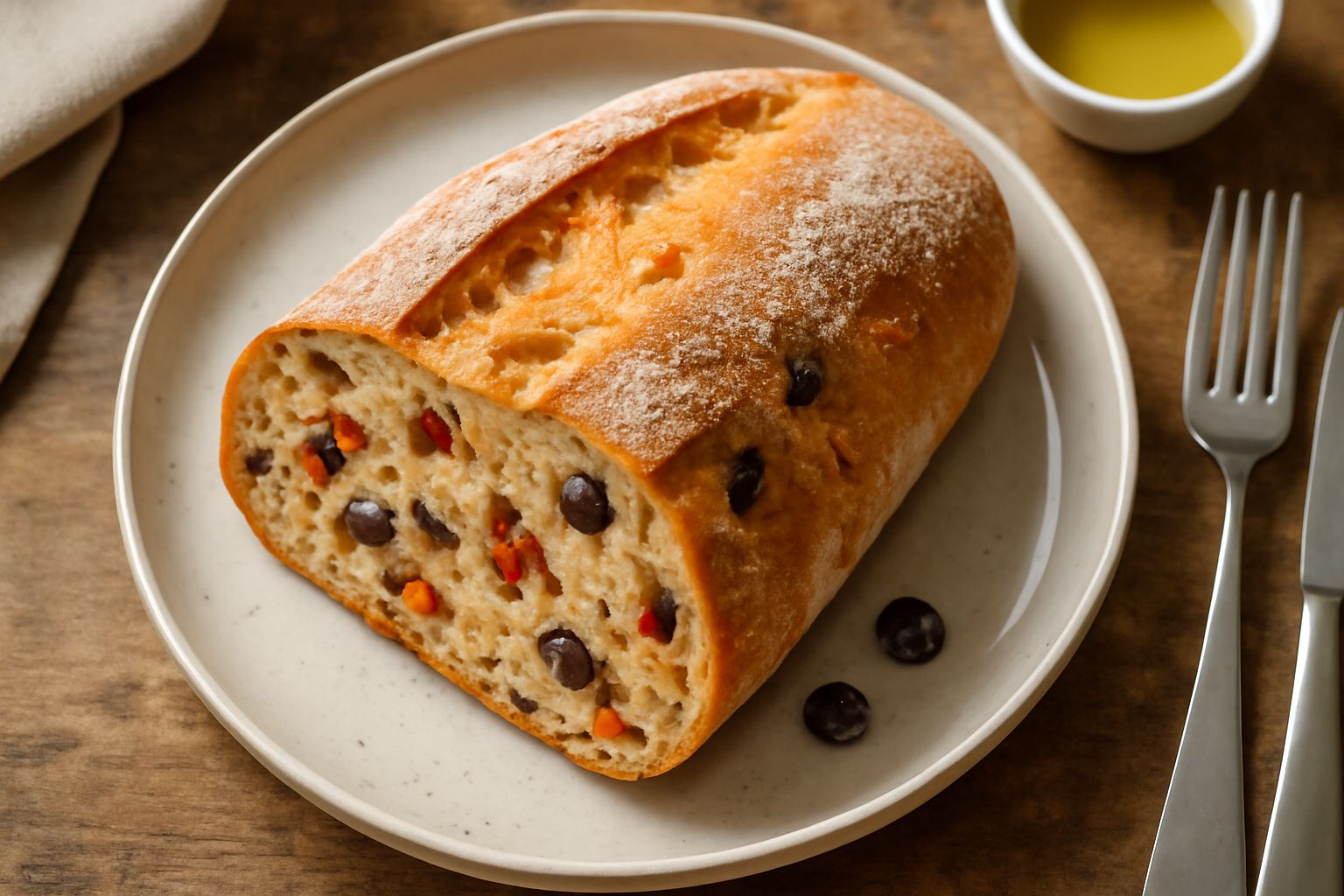 Pane ca' pumadora di forma ovale, dorato e croccante in superficie, con visibili frammenti di pomodoro secco e olive scure sparse nella mollica, tagliato in fette su un tagliere di legno