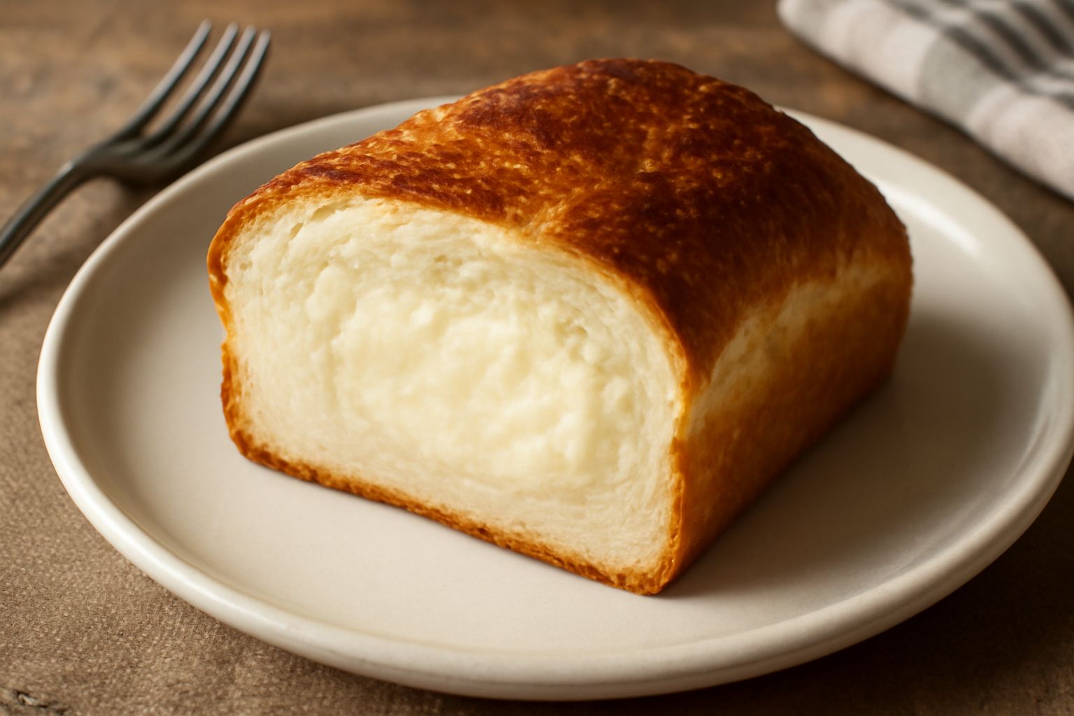 Pane ca' ricotta appena sfornato, tagliato a metà, con crosta dorata e mollica bianca cremosa visibile all'interno, poggiato su una tavola di legno con qualche goccia di farina