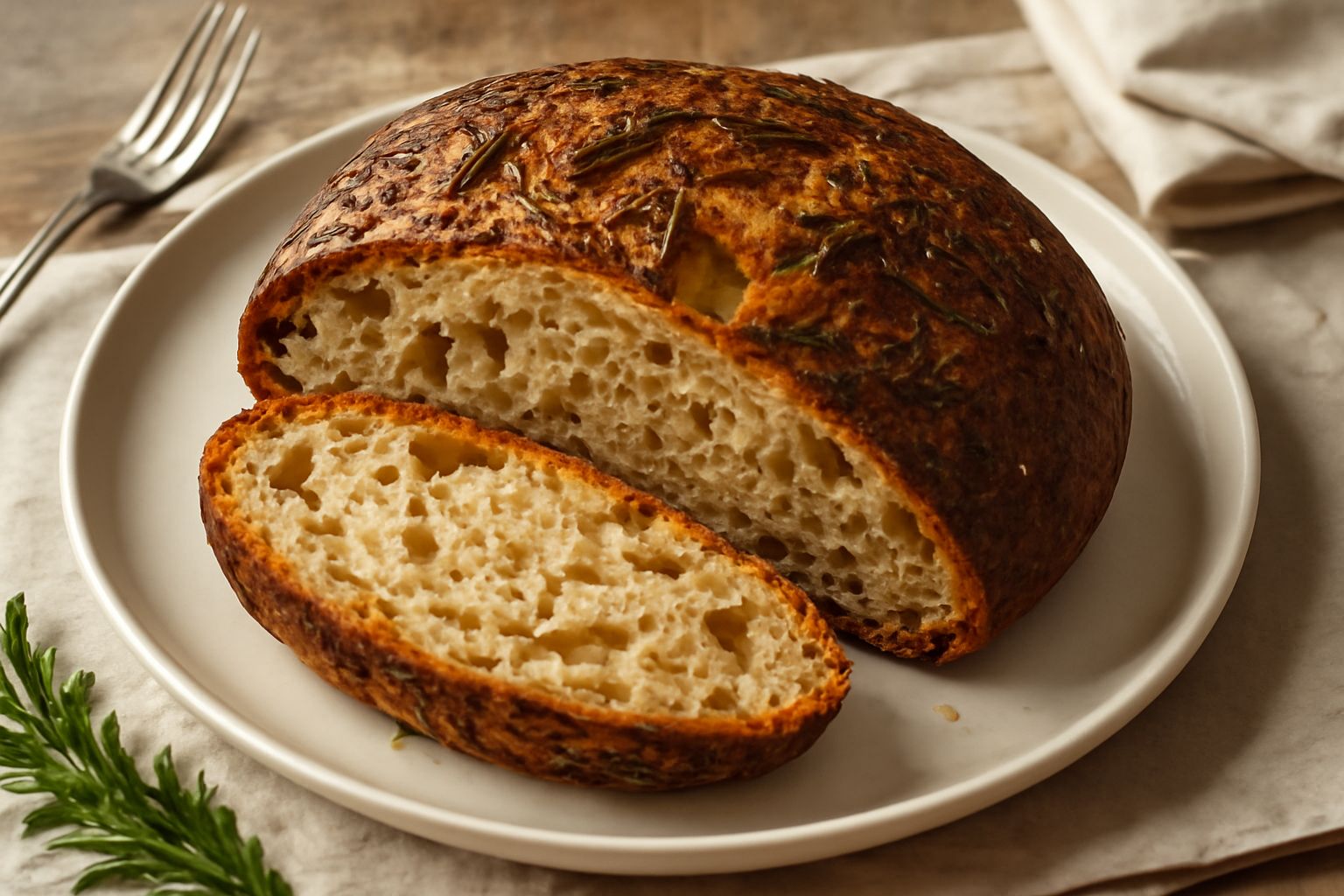 Pane dorato con crosta croccante e pezzi di rosmarino verde in evidenza, tagliato a fette su una tavola di legno, con rametti di rosmarino fresco accanto