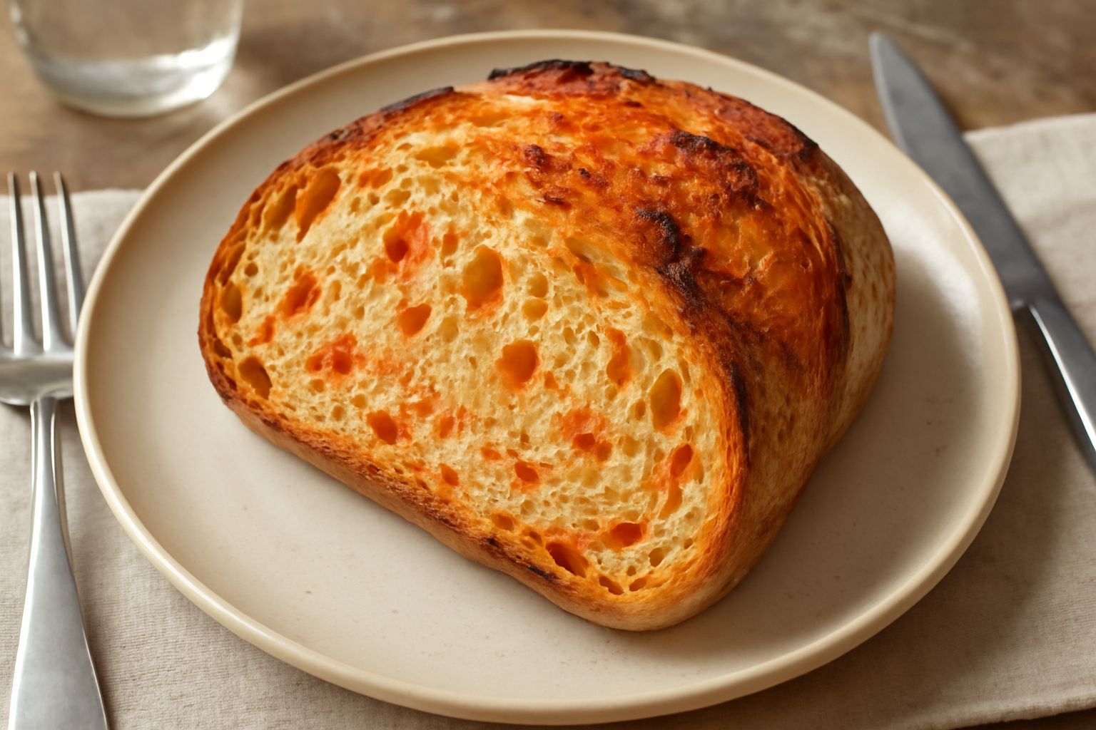 Pane dorato con striature rosse di pomodoro caramellato sulla superficie, sfondato in sezione dove si vede l'interno soffice con piccoli pezzi di pomodoro dispersi, servito su una tavola di legno con 