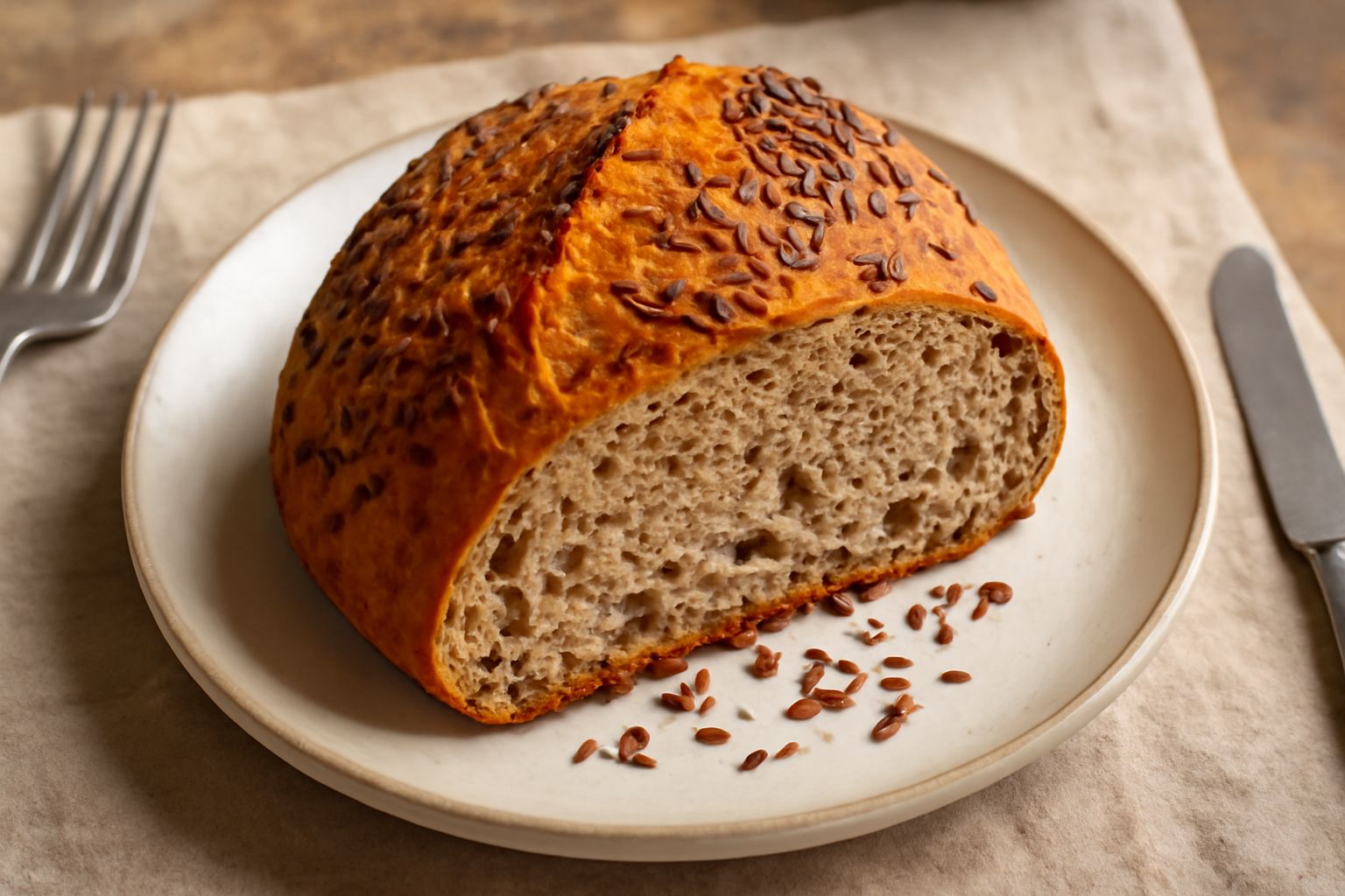 Una pagnotta di pane con crosta dorata e semi di lino neri e marroni visibili sulla superficie, tagliata a metà per mostrare la mollica beige e umida, appoggiata su una tavola di legno