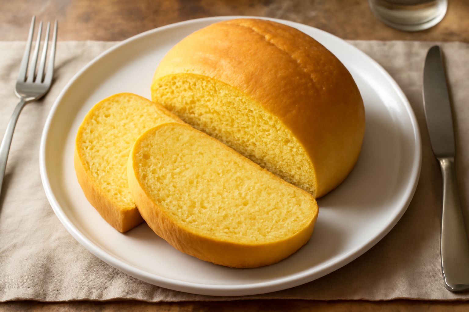 Un pane rotondo di colore giallo oro con crosta rigatata, tagliato a metà, che mostra una mollica compatta e uniforme di colore giallo crema. Posa su un tavolo di legno rustico con qualche chicco di g
