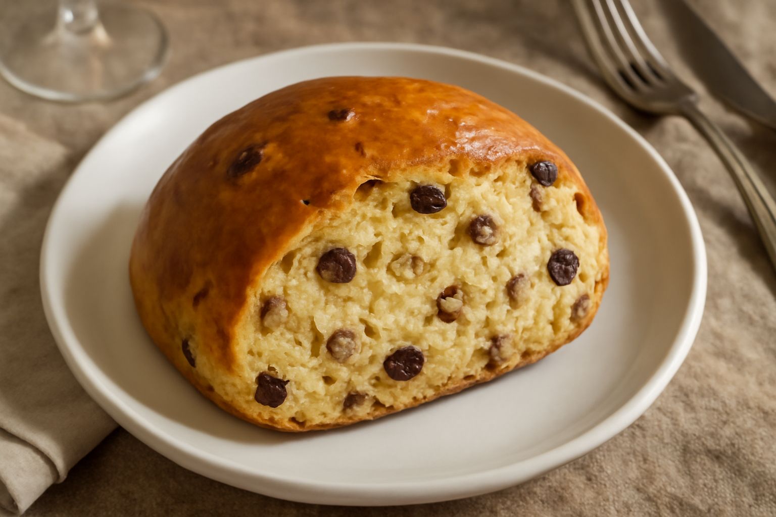 Pane ca' uis tagliato a fette su un tagliere di legno, con mollica dorata visibile, uva passa e frammenti di noci sparsi sulla superficie, colore caramello uniforme