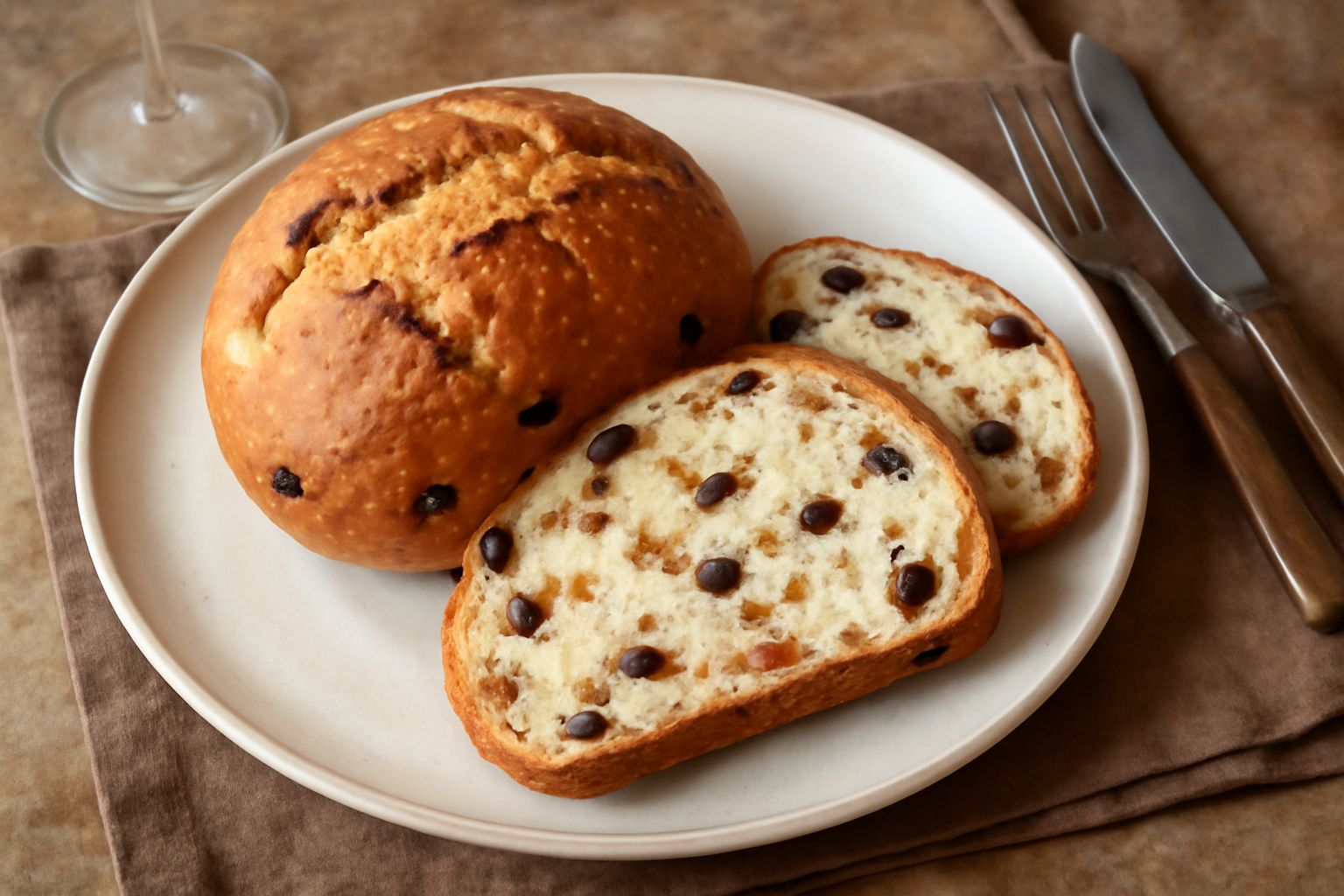 Pane integrale dorato con uvetta nera visibile sulla superficie e in sezione, affettato su un tagliere di legno, con noci e scorze candite sparse accanto