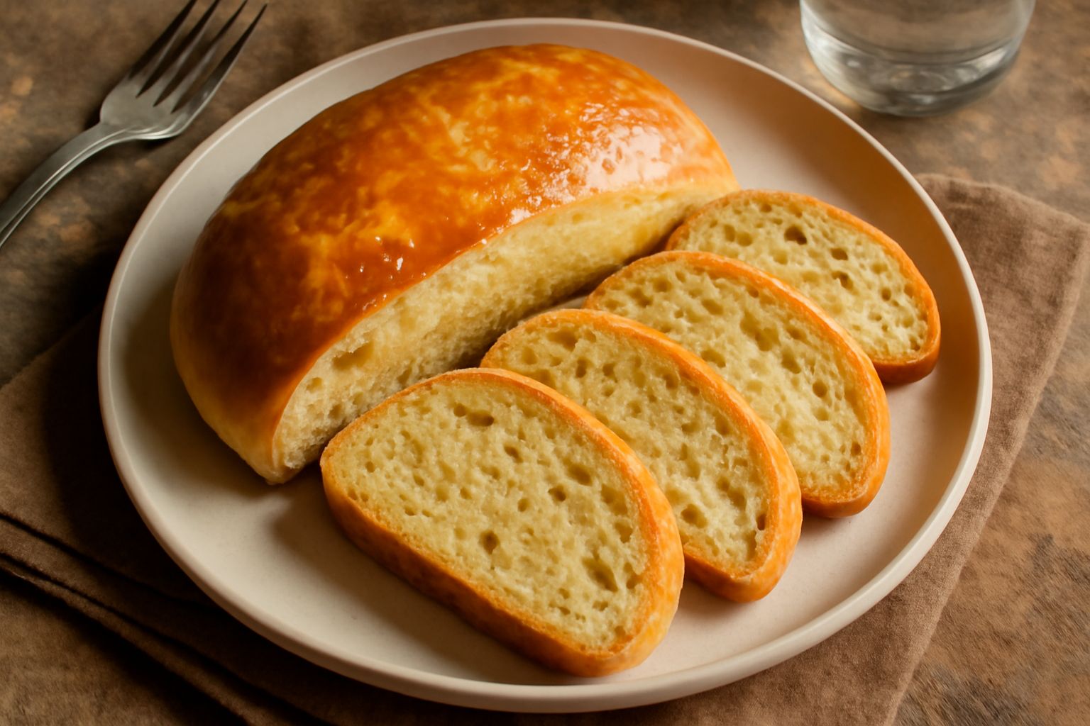 Pane caciato appena sfornato, dorato e fragrante, tagliato a fette su un tagliere di legno, con filamenti di formaggio fuso visibili nella crema dell'impasto e una crosta croccante marrone chiaro