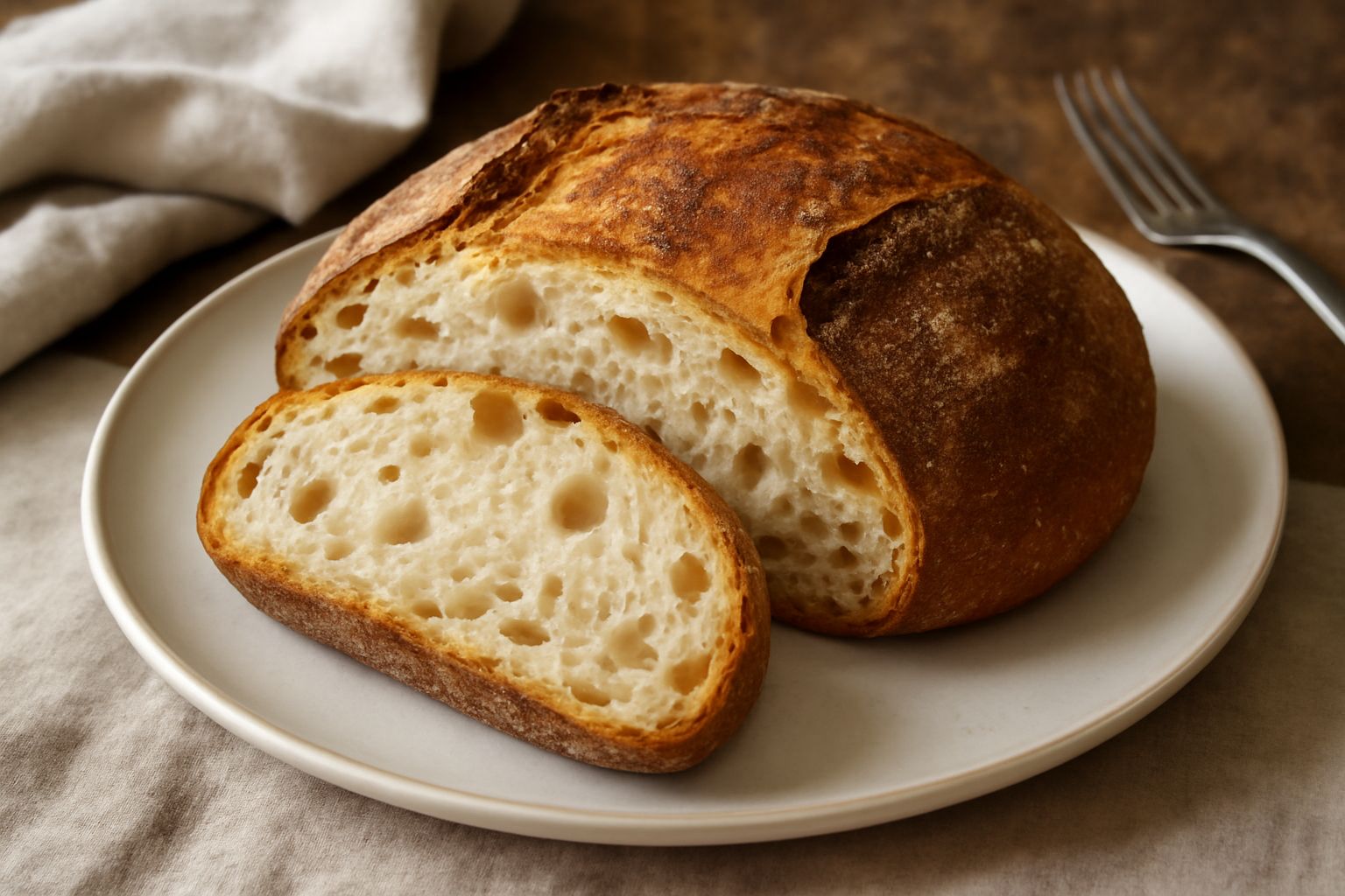 Una pagnotta rotonda di pane cafone con crosta dorata e screpolature naturali, tagliata a metà per mostrare l'interno soffice color crema con alveoli irregolari, posata su una tavola di legno