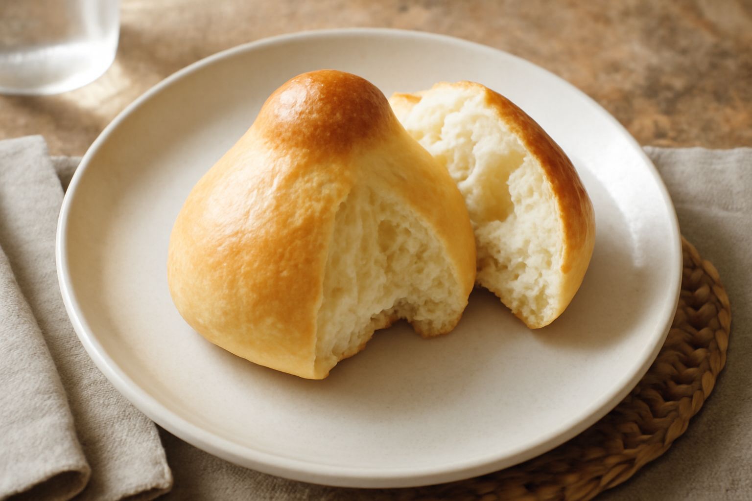 Pane campanino appena sfornato, di colore dorato, forma tonda e bombata, con crosta croccante e interno soffice visibile dalla spaccatura superiore, posato su un piatto bianco